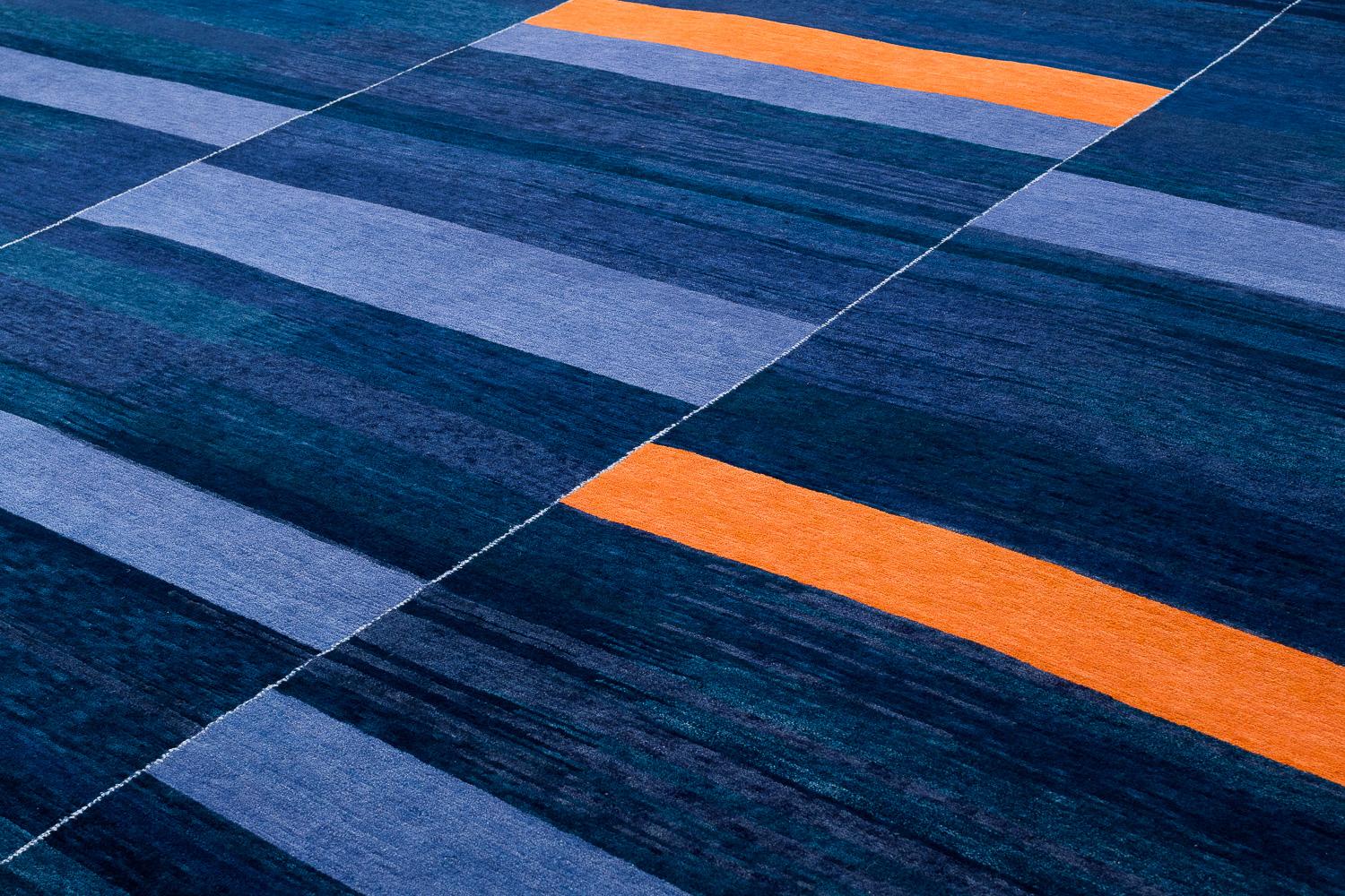 Vegetable Dyed Blue and Gold Tribal Modern Natural Wool Area Rug Empyrean by Joseph Carini For Sale