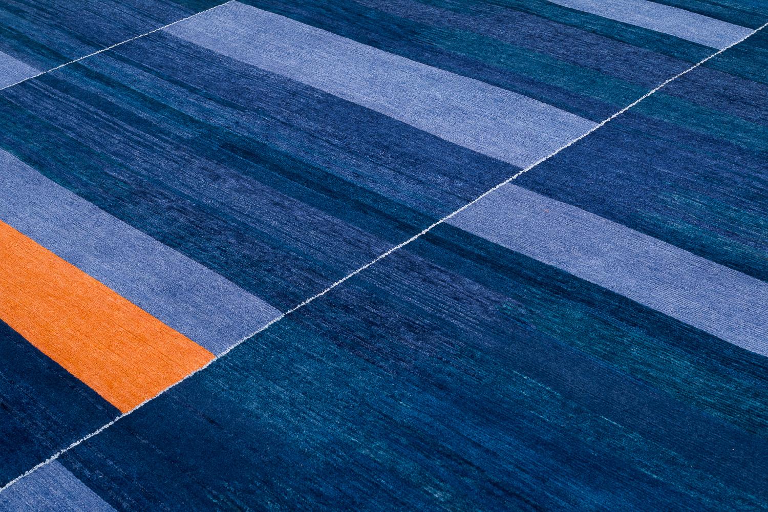 Blue and Gold Tribal Modern Natural Wool Area Rug Empyrean by Joseph Carini For Sale 1