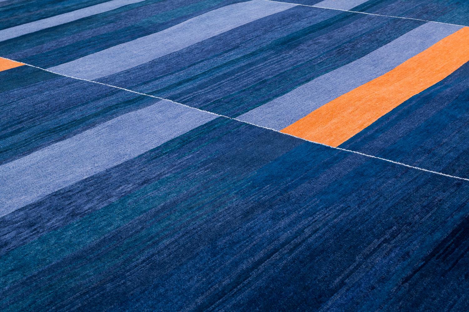 Blue and Gold Tribal Modern Natural Wool Area Rug Empyrean by Joseph Carini For Sale 4