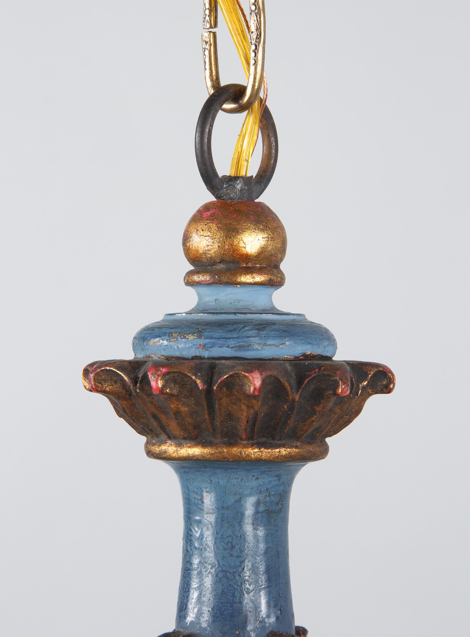 Blue and Gold Wooden Six-light Chandelier, Italy, 1930s 5