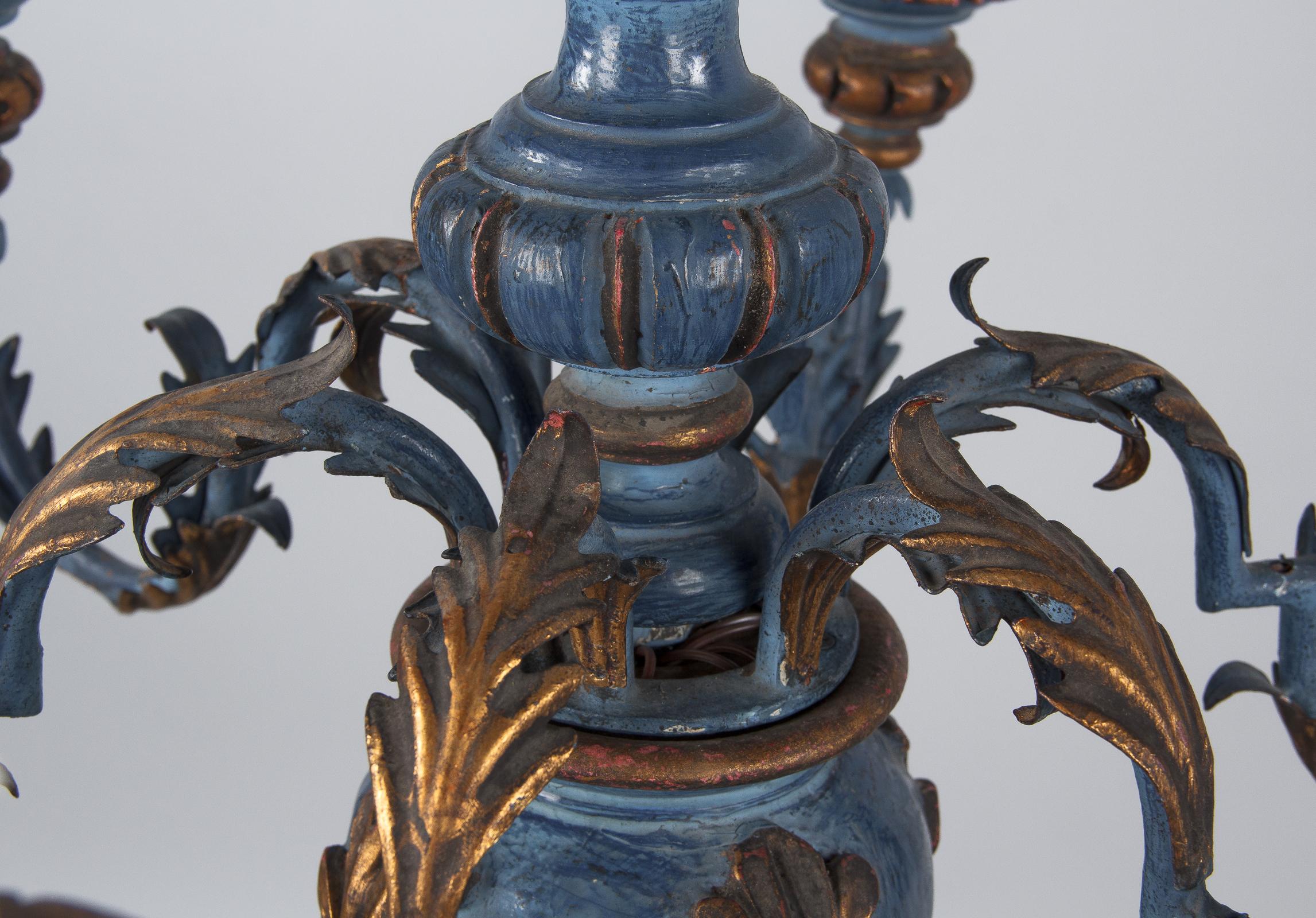 Blue and Gold Wooden Six-light Chandelier, Italy, 1930s 6