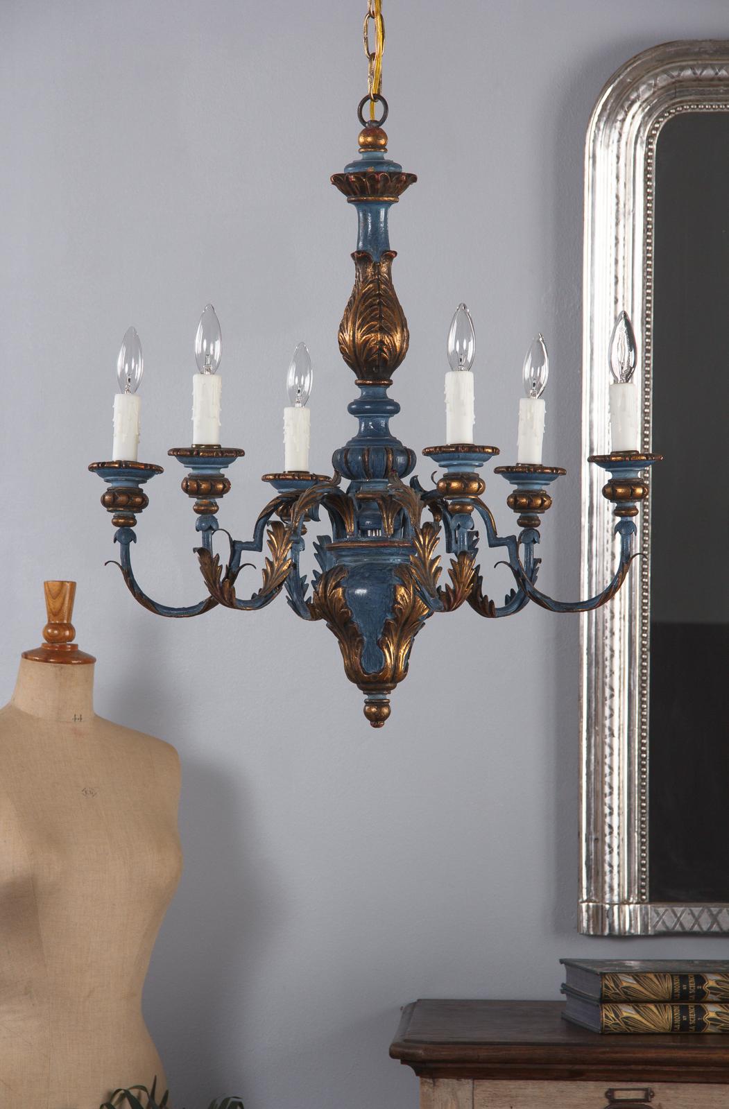 Blue and Gold Wooden Six-light Chandelier, Italy, 1930s 7