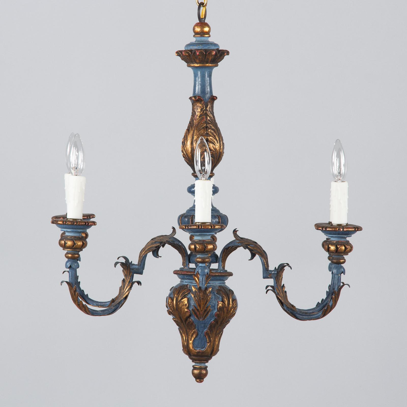 Blue and Gold Wooden Six-light Chandelier, Italy, 1930s 9