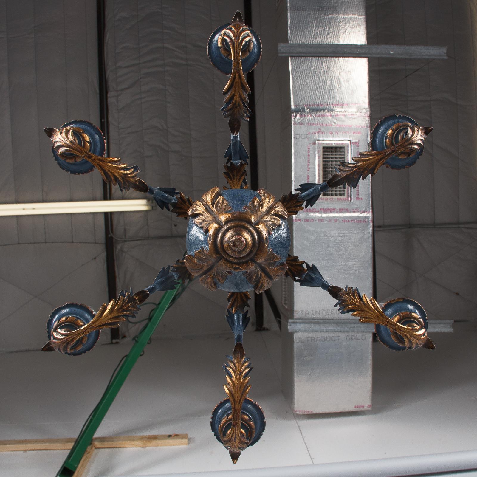 Blue and Gold Wooden Six-light Chandelier, Italy, 1930s 10