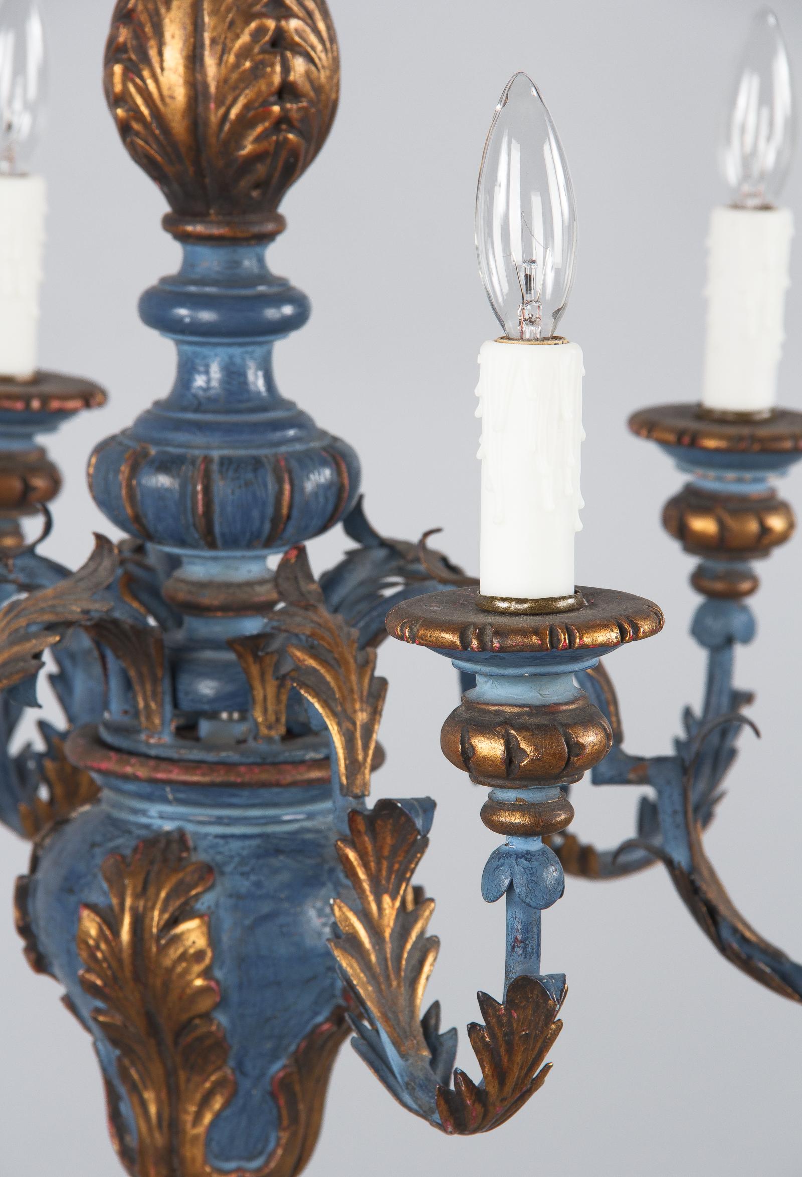 Gilt Blue and Gold Wooden Six-light Chandelier, Italy, 1930s