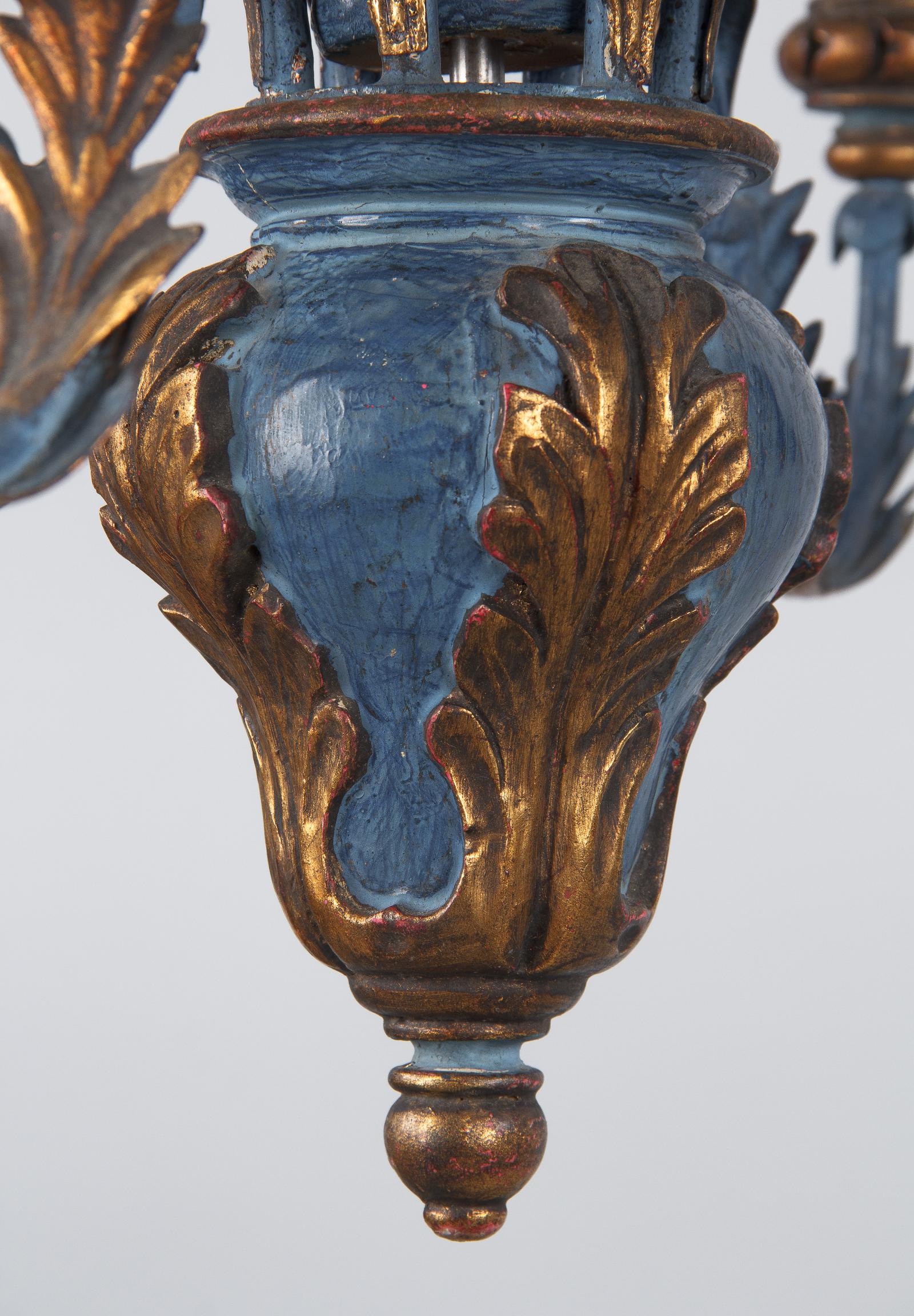 Mid-20th Century Blue and Gold Wooden Six-light Chandelier, Italy, 1930s