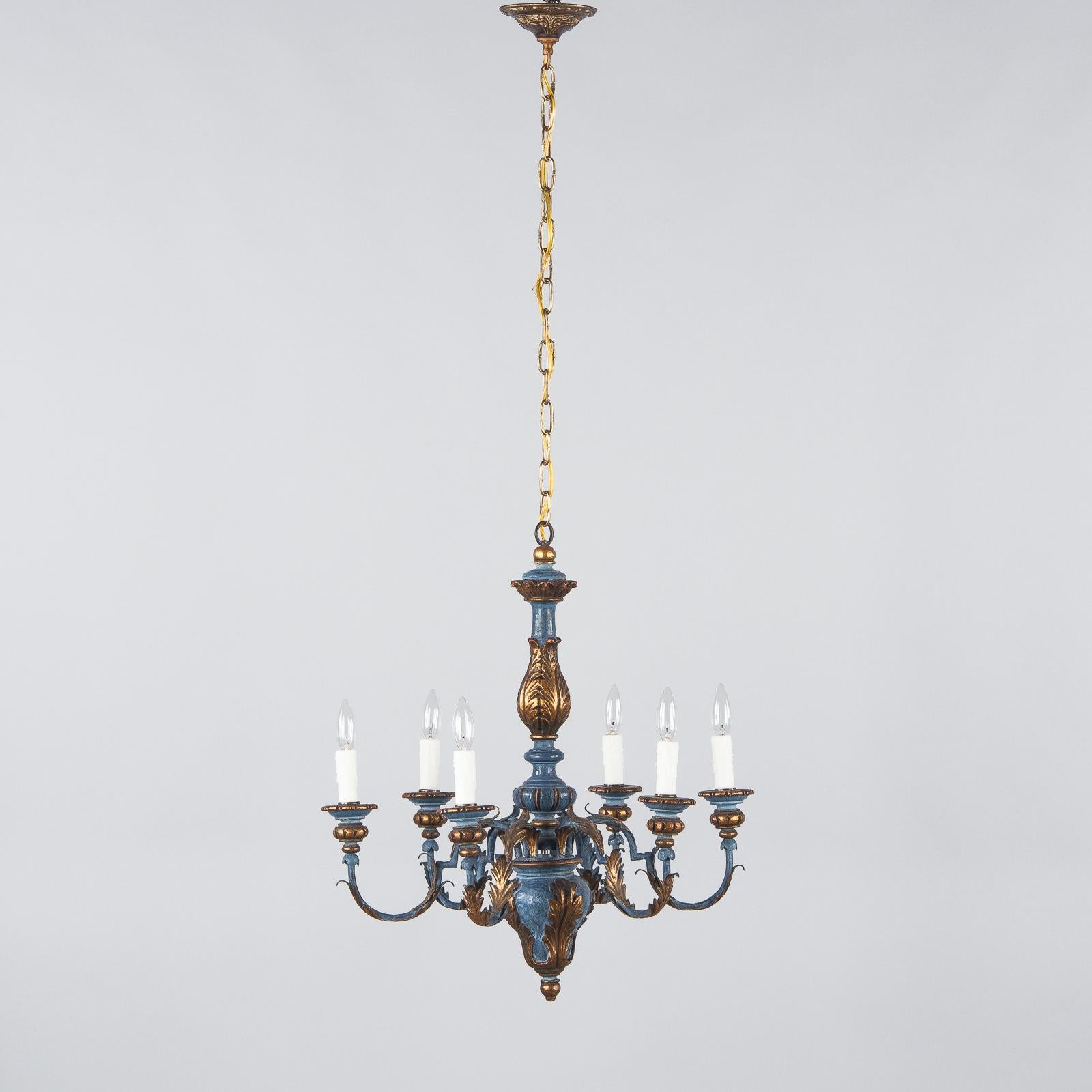 Metal Blue and Gold Wooden Six-light Chandelier, Italy, 1930s