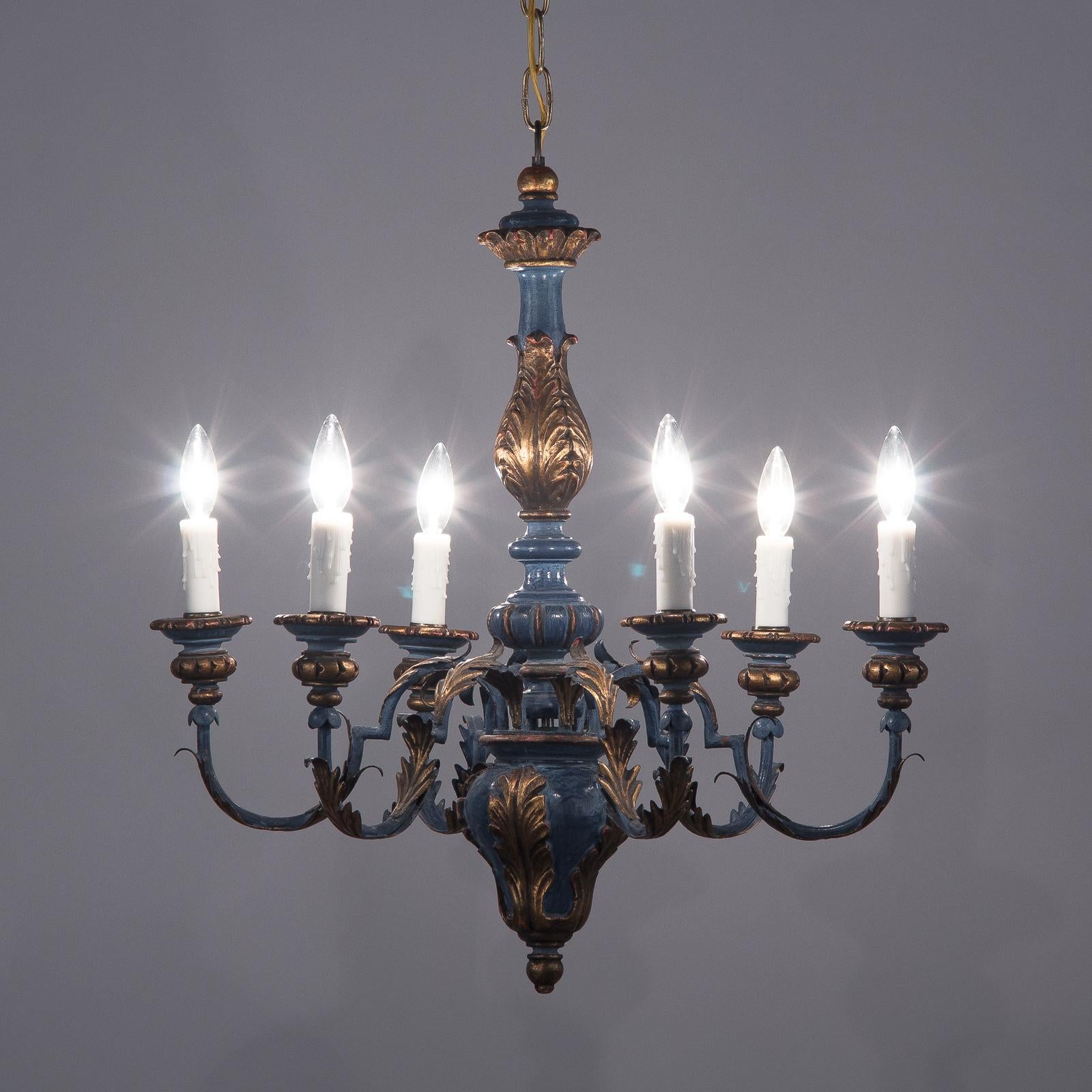 Blue and Gold Wooden Six-light Chandelier, Italy, 1930s 1