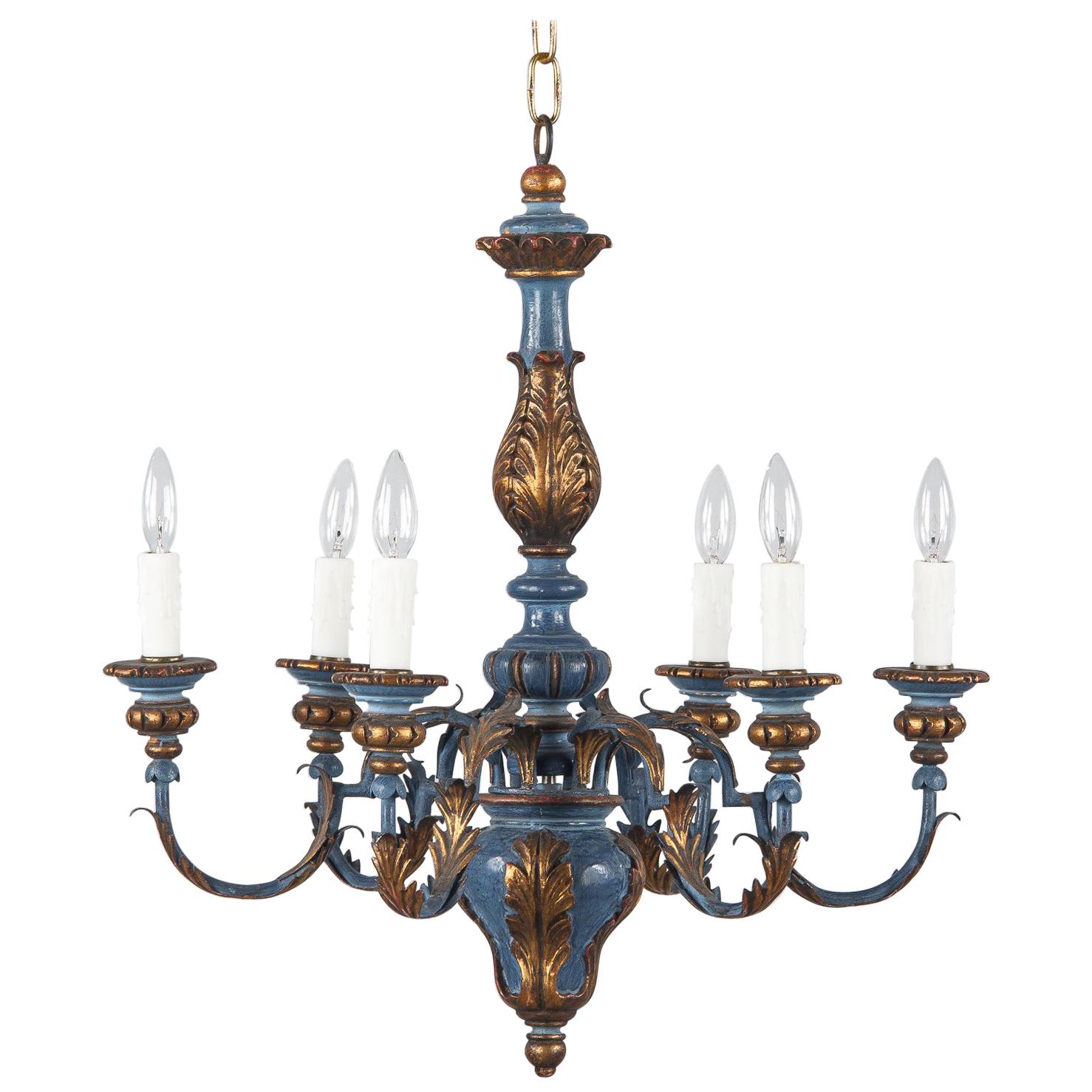 Blue and Gold Wooden Six-light Chandelier, Italy, 1930s