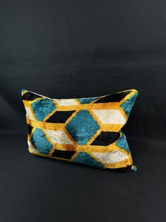 Blue and Golden Yellow Velvet Silk Ikat Pillow Cover