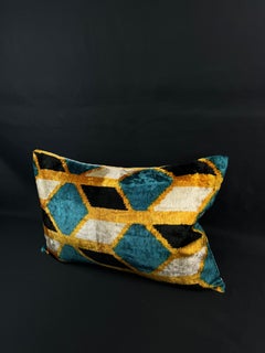 Blue and Golden Yellow Velvet Silk Ikat Pillow Cover