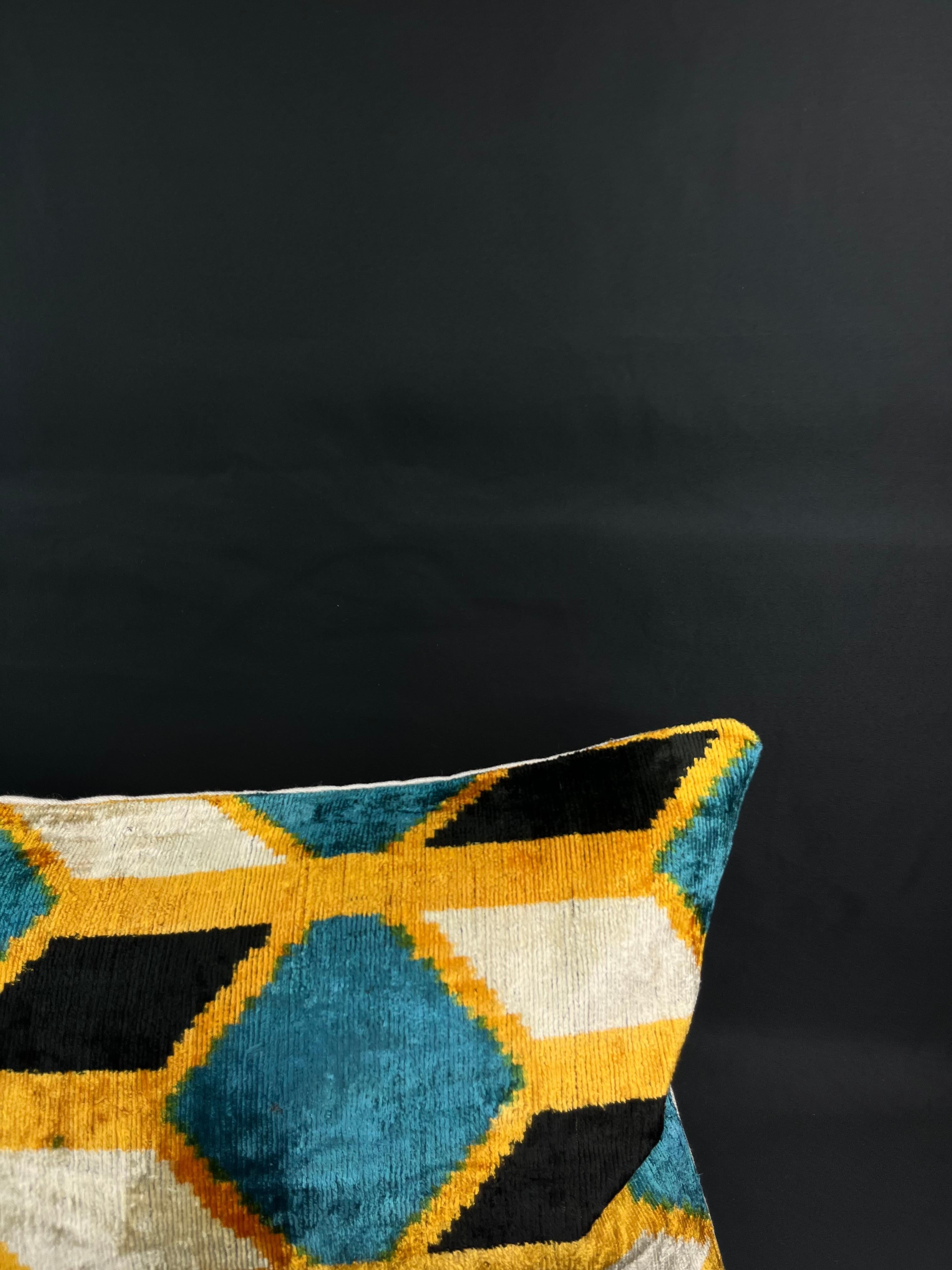 Modern Blue and Golden Yellow Velvet Silk Ikat Pillow Cover For Sale