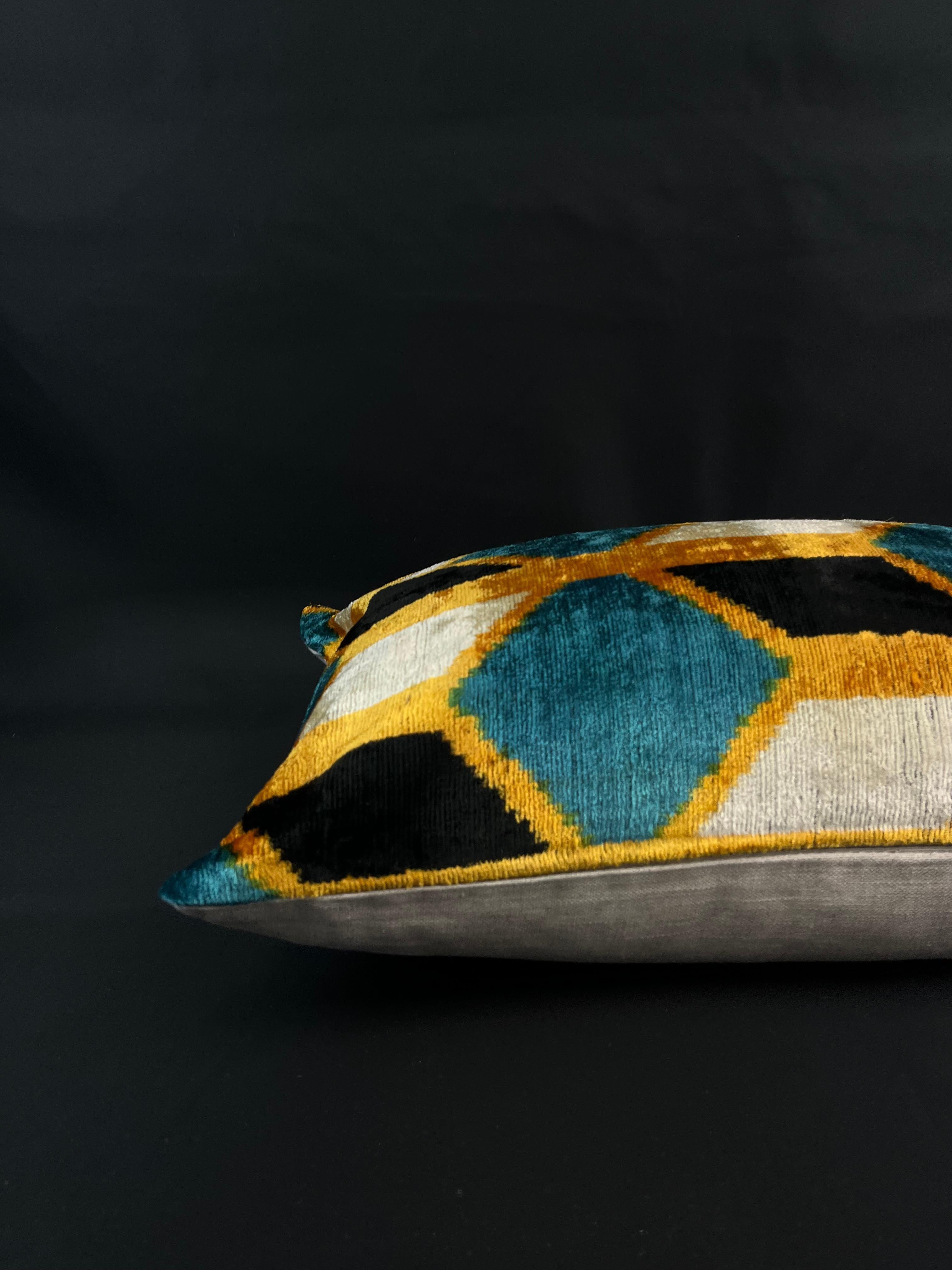 Turkish Blue and Golden Yellow Velvet Silk Ikat Pillow Cover For Sale