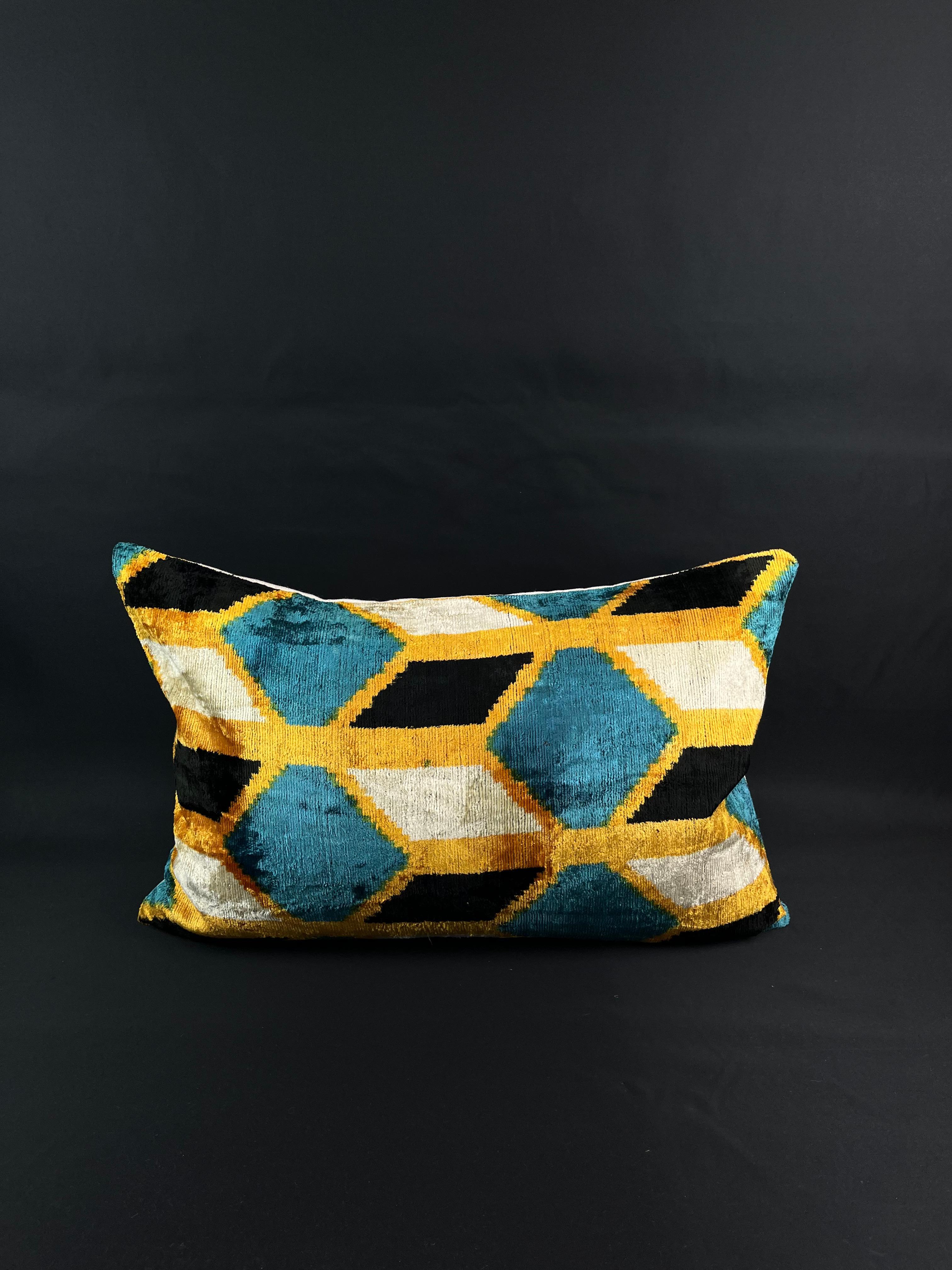 Blue and Golden Yellow Velvet Silk Ikat Pillow Cover In New Condition For Sale In Houston, TX