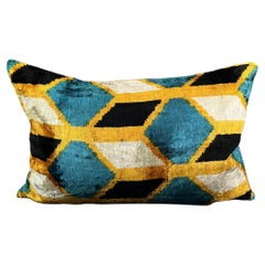 Blue and Golden Yellow Velvet Silk Ikat Pillow Cover