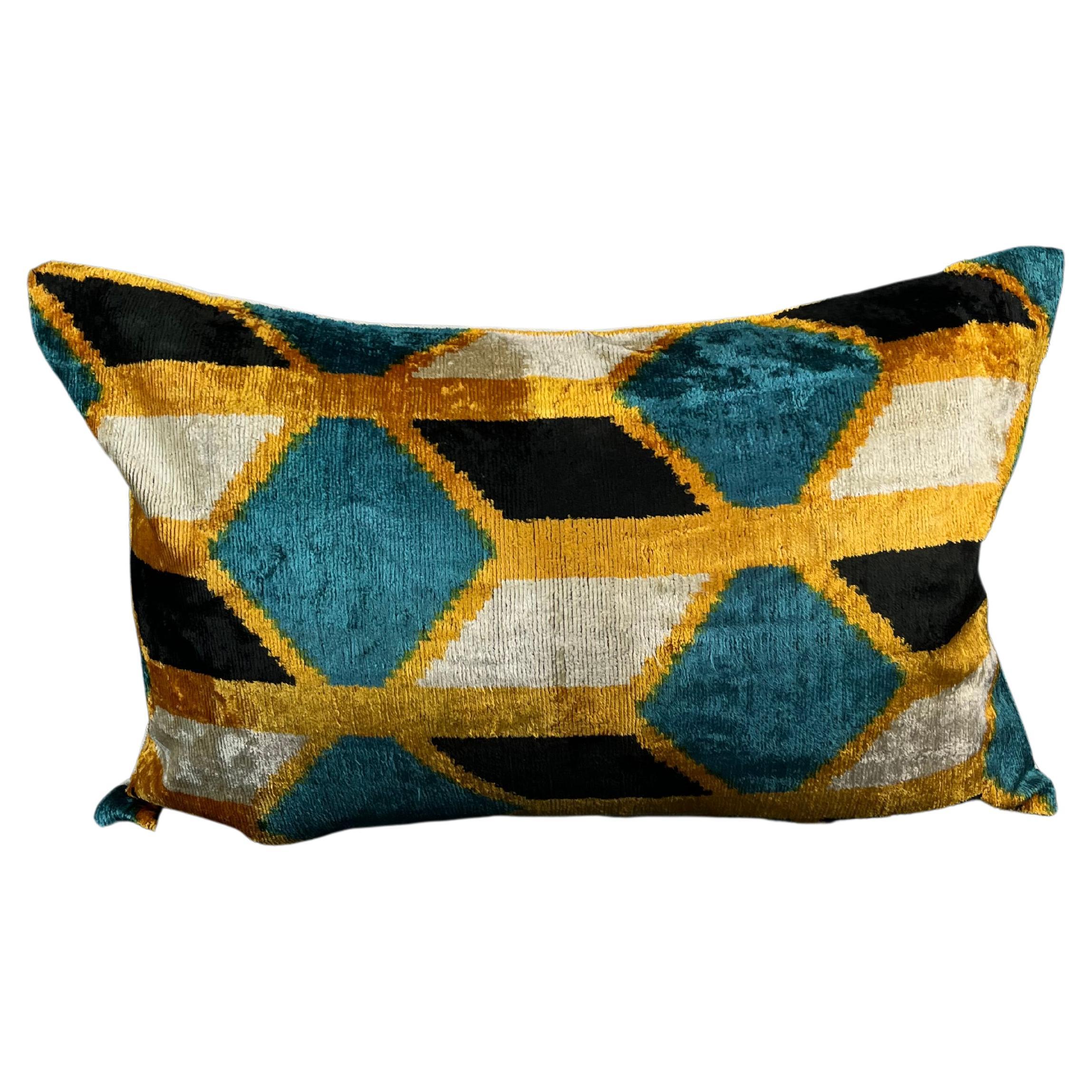 Blue and Golden Yellow Velvet Silk Ikat Pillow Cover For Sale