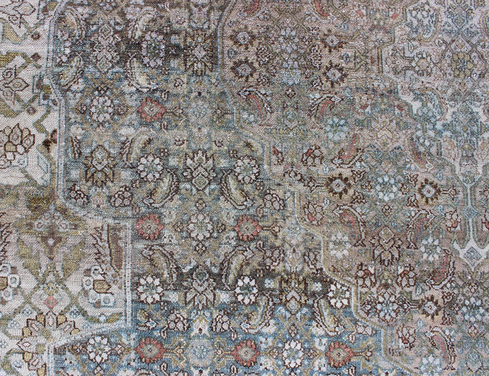 Steel Blue and Taupe Antique Persian Malayer Rug with Medallion Design 4