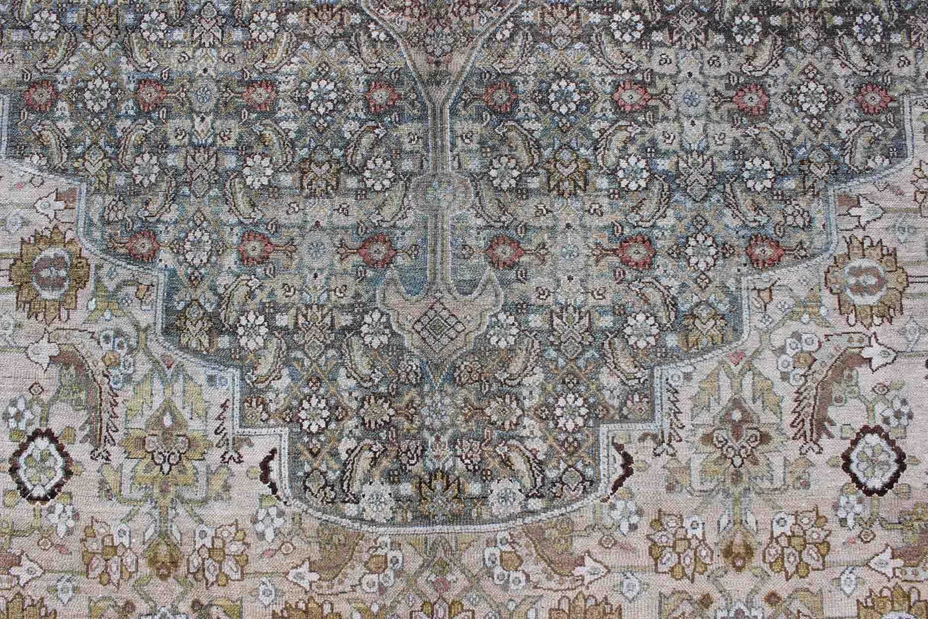 Steel Blue and Taupe Antique Persian Malayer Rug with Medallion Design 5