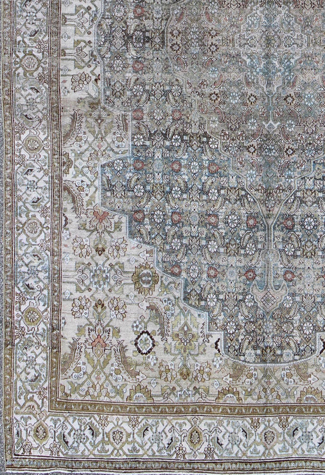Steel blue and taupe antique Persian Malayer rug with medallion design, rug sus-1803-50, country of origin / type: Iran / Malayer, circa 1910

This antique Persian Malayer rug was handwoven in the early 20th century, (circa 1910) and bears a