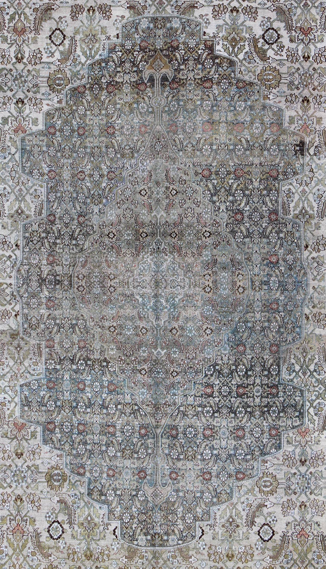 Hand-Knotted Steel Blue and Taupe Antique Persian Malayer Rug with Medallion Design