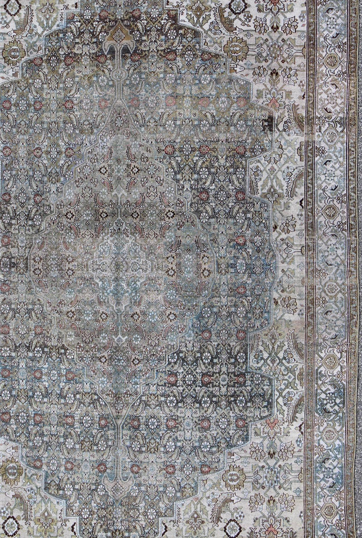 Steel Blue and Taupe Antique Persian Malayer Rug with Medallion Design In Good Condition In Atlanta, GA