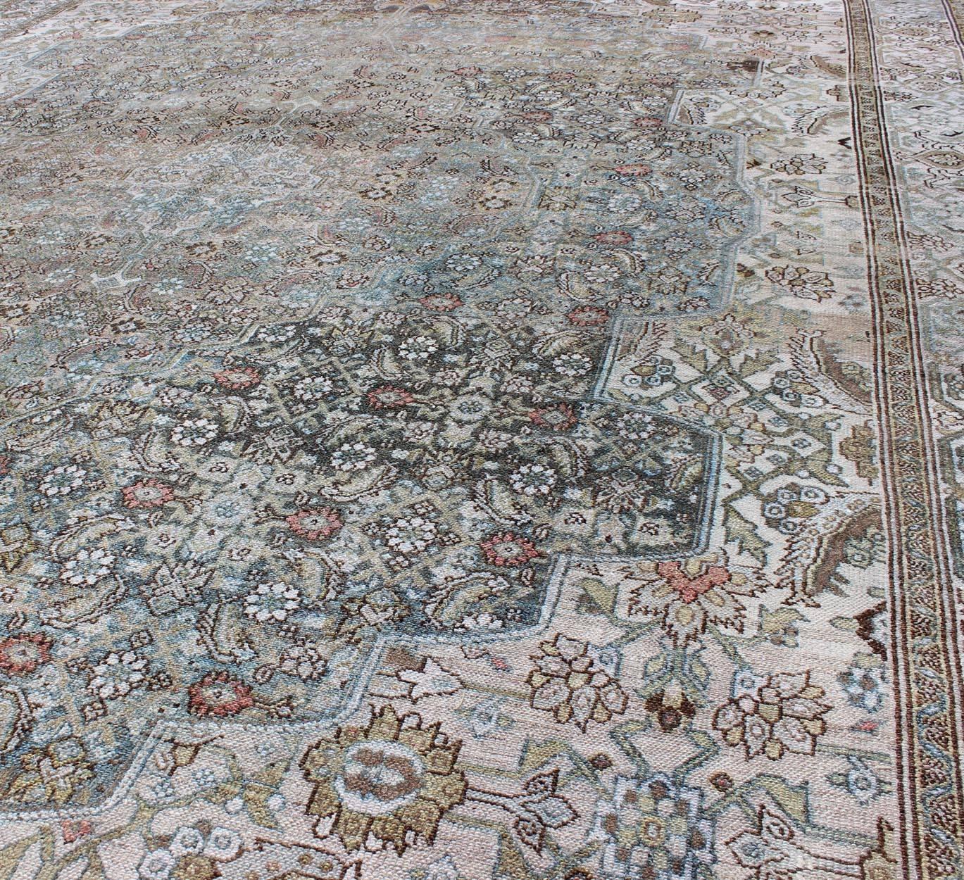 Early 20th Century Steel Blue and Taupe Antique Persian Malayer Rug with Medallion Design