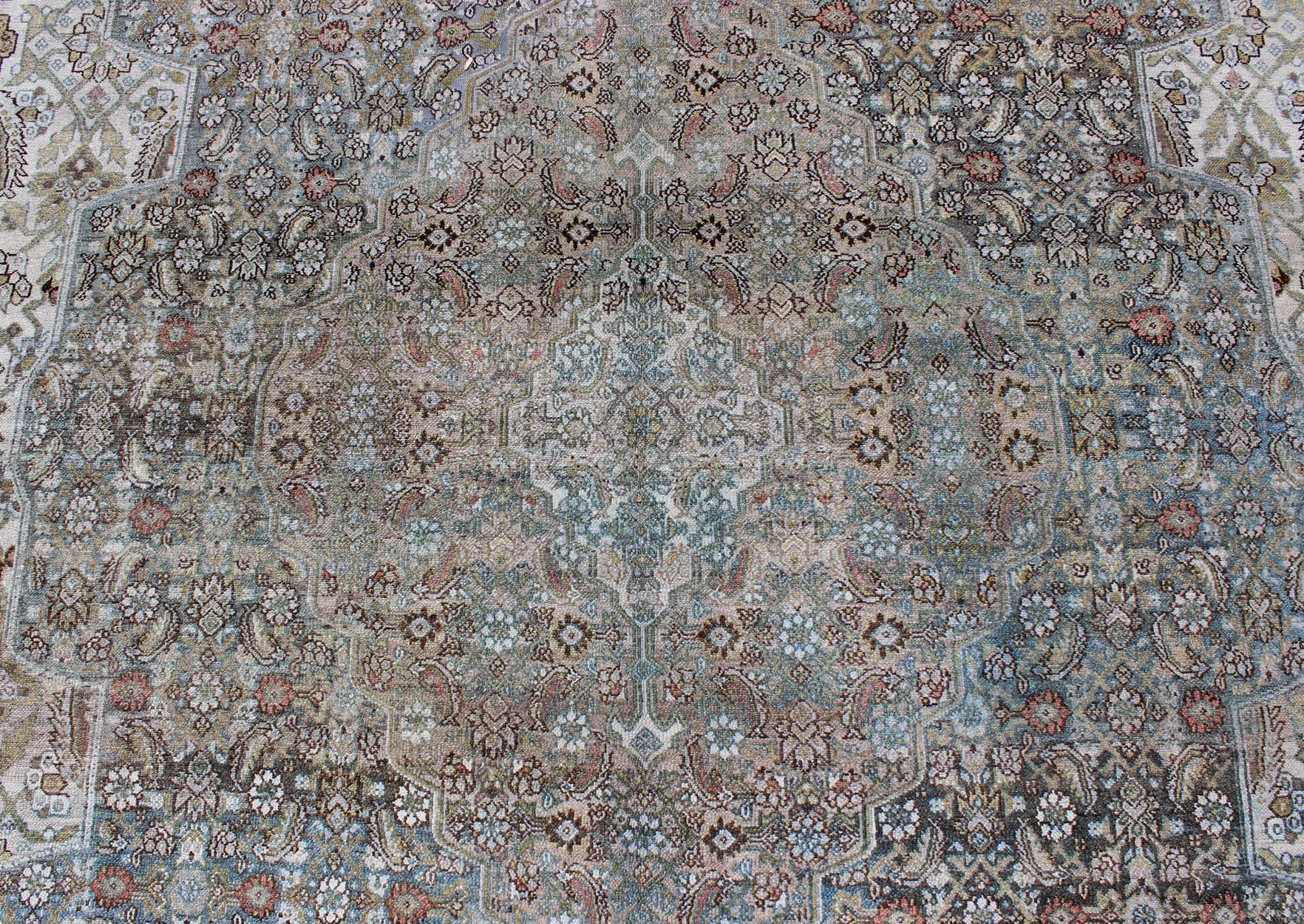 Wool Steel Blue and Taupe Antique Persian Malayer Rug with Medallion Design