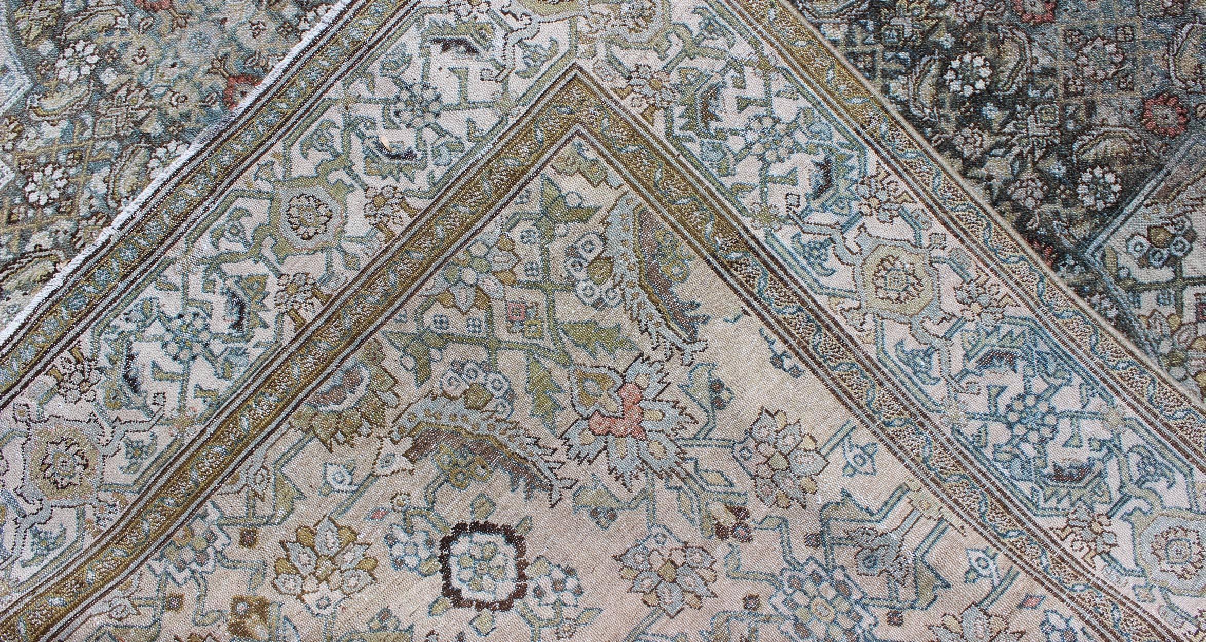 Steel Blue and Taupe Antique Persian Malayer Rug with Medallion Design 1