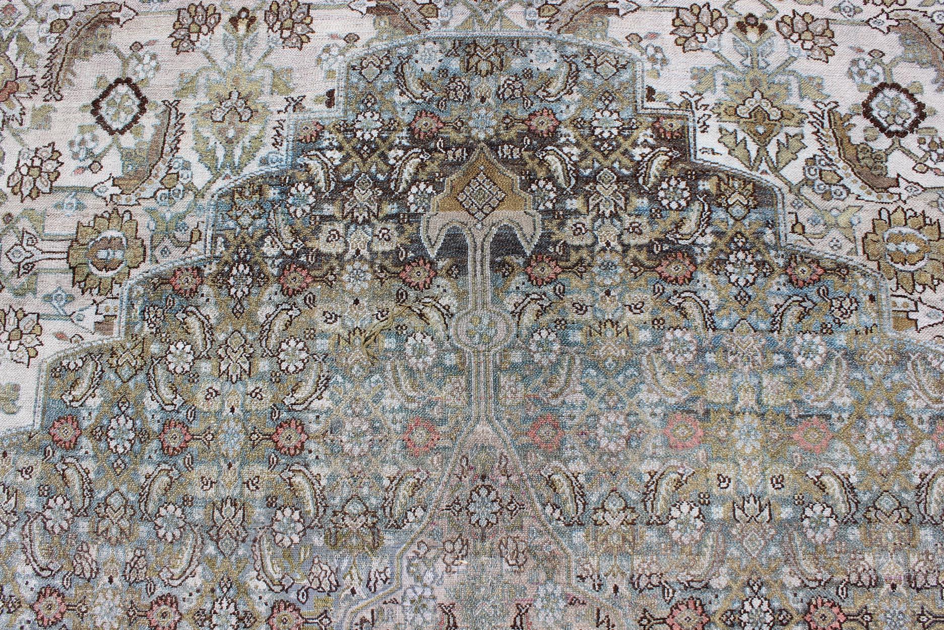 Steel Blue and Taupe Antique Persian Malayer Rug with Medallion Design 2