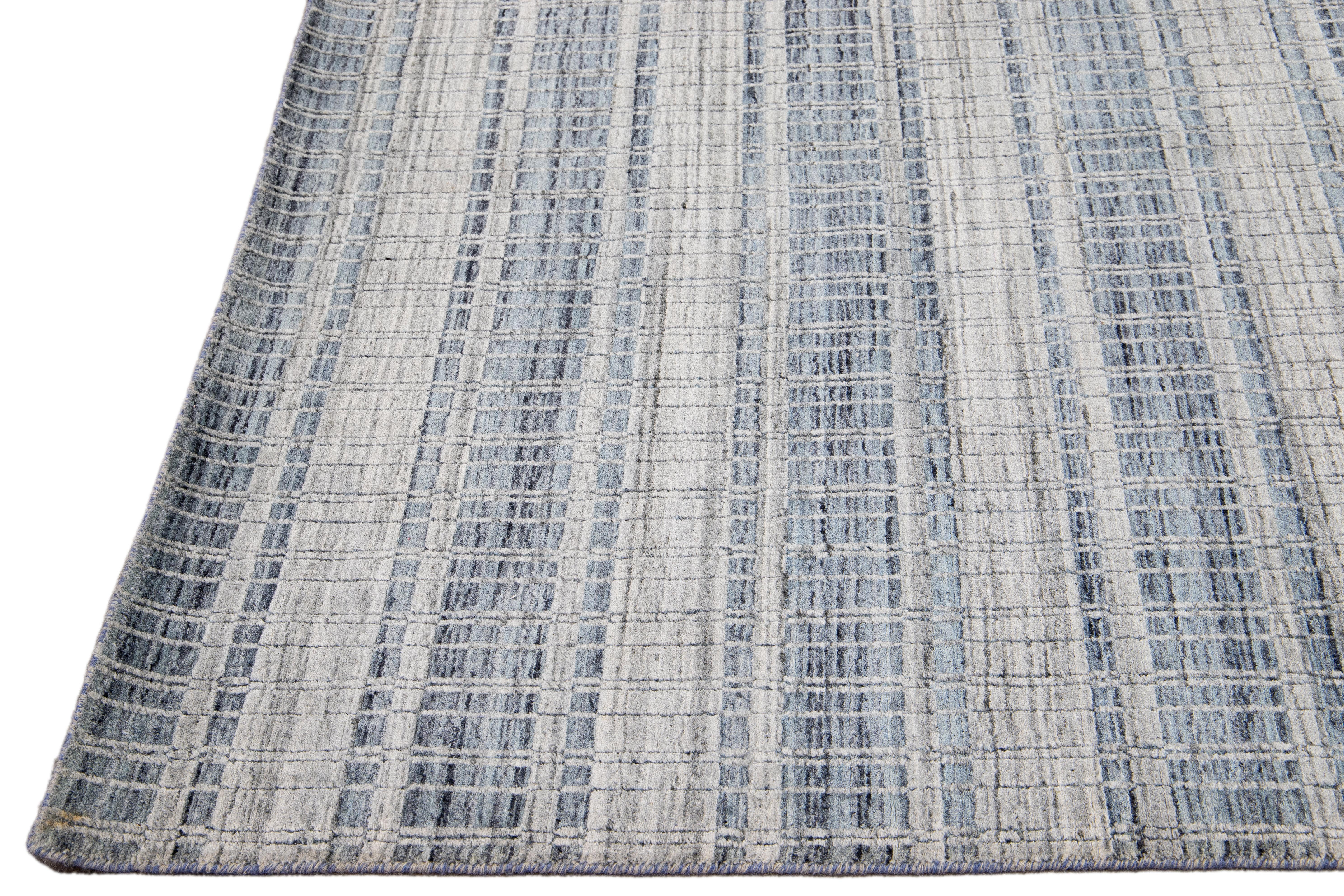 Hand-Knotted Blue and Gray Comtemporary Indian Handmade Geometric Scatter Wool & Silk Rug For Sale