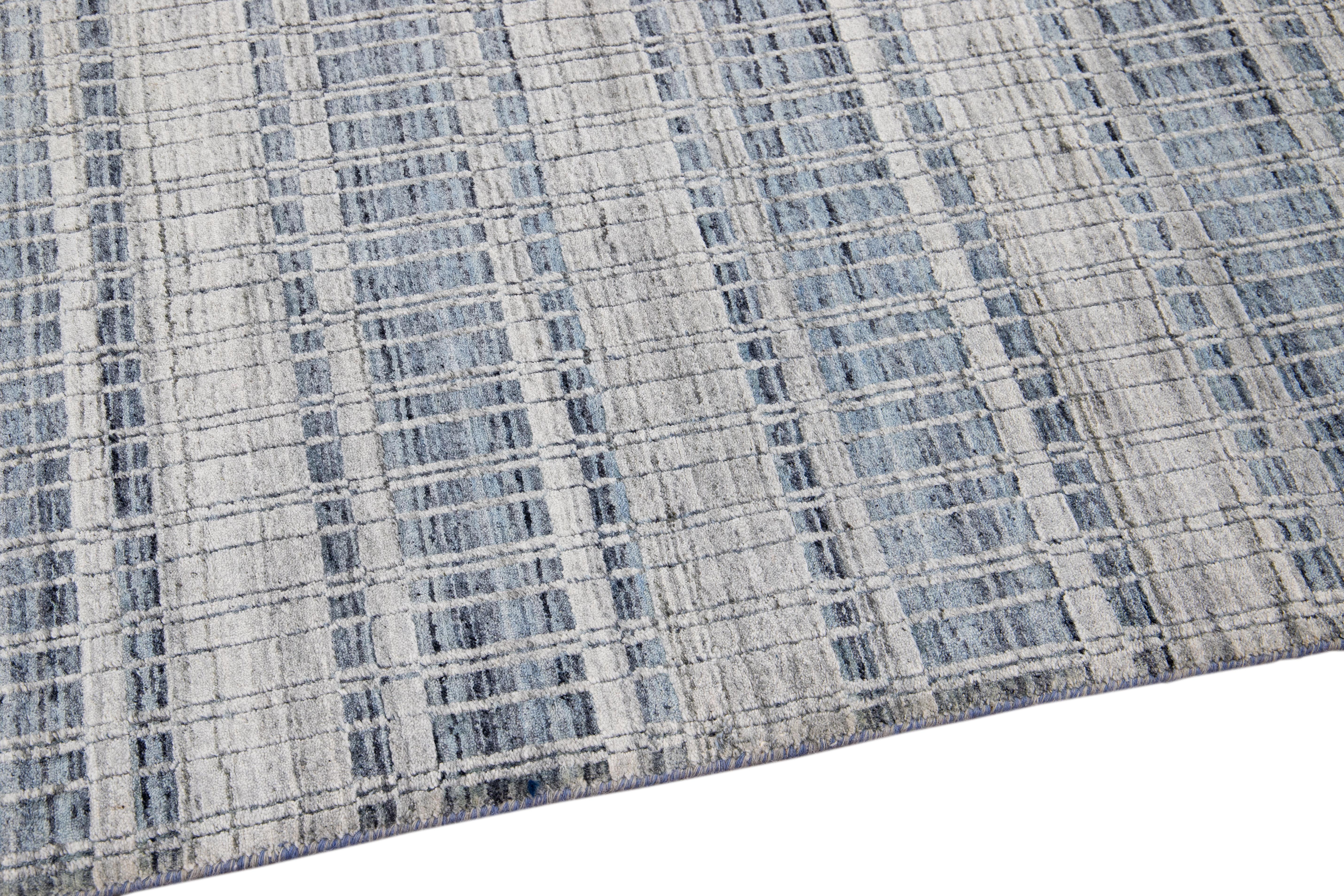 Contemporary Blue and Gray Comtemporary Indian Handmade Geometric Scatter Wool & Silk Rug For Sale