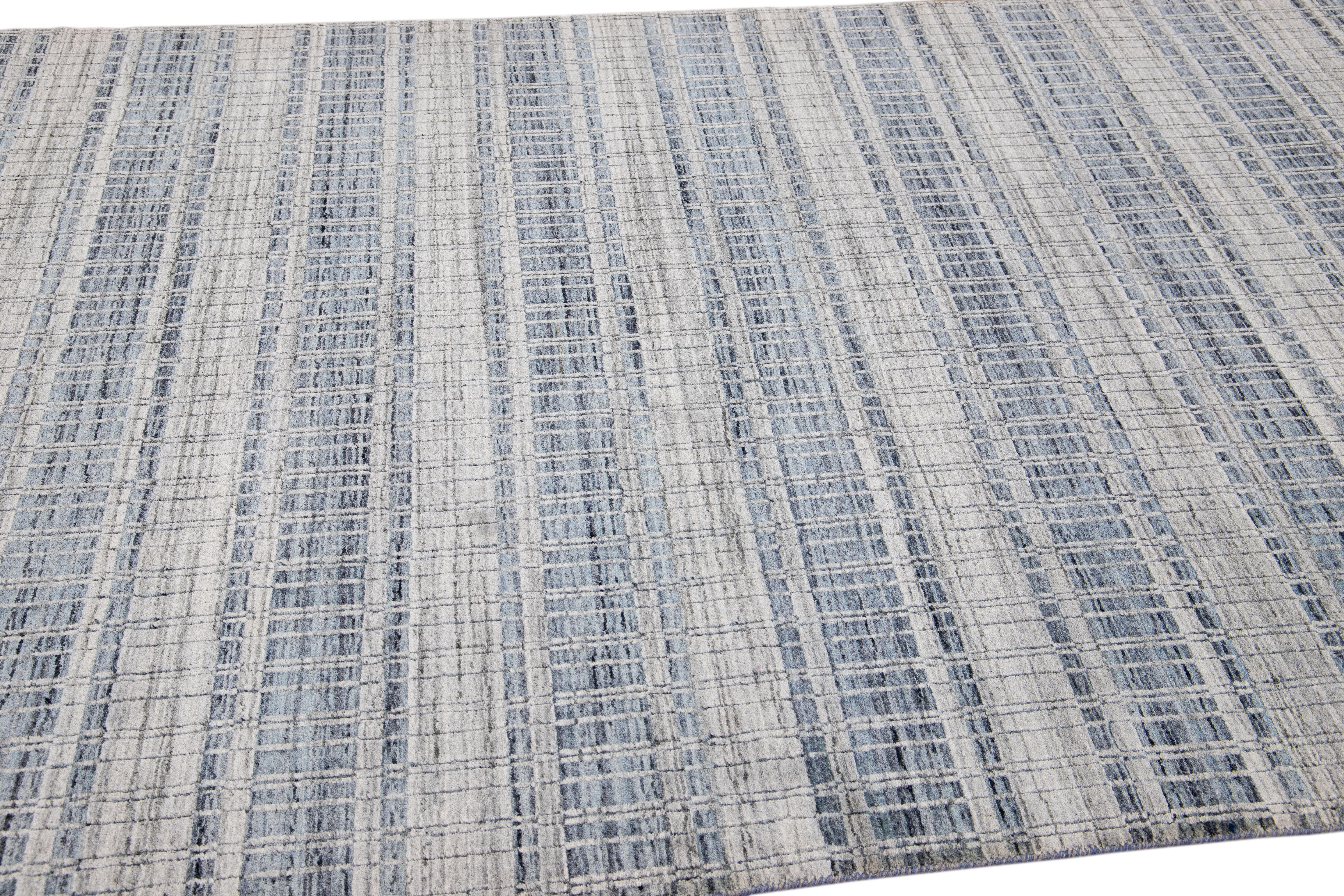 Blue and Gray Comtemporary Indian Handmade Geometric Scatter Wool & Silk Rug For Sale 1