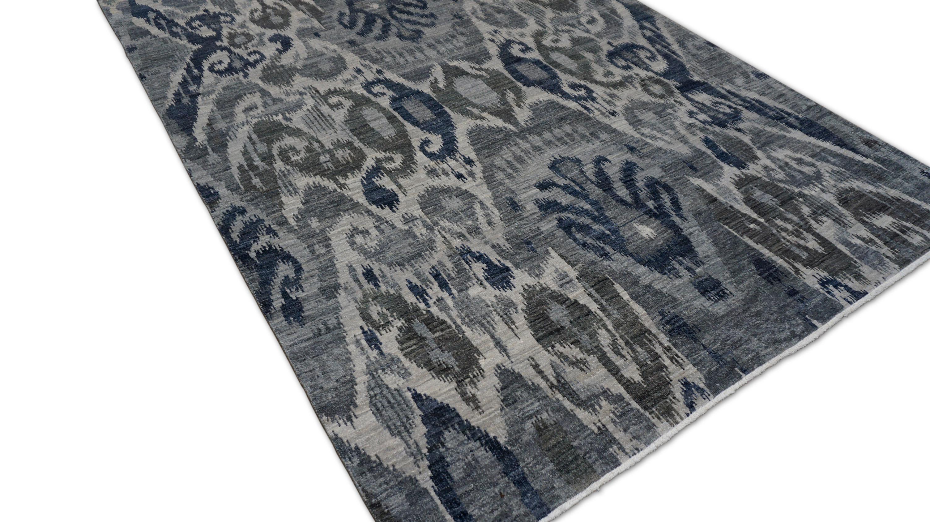 Blauer und grauer Ikat-Wollteppich 5'1''x7' (Handgeknüpft) im Angebot