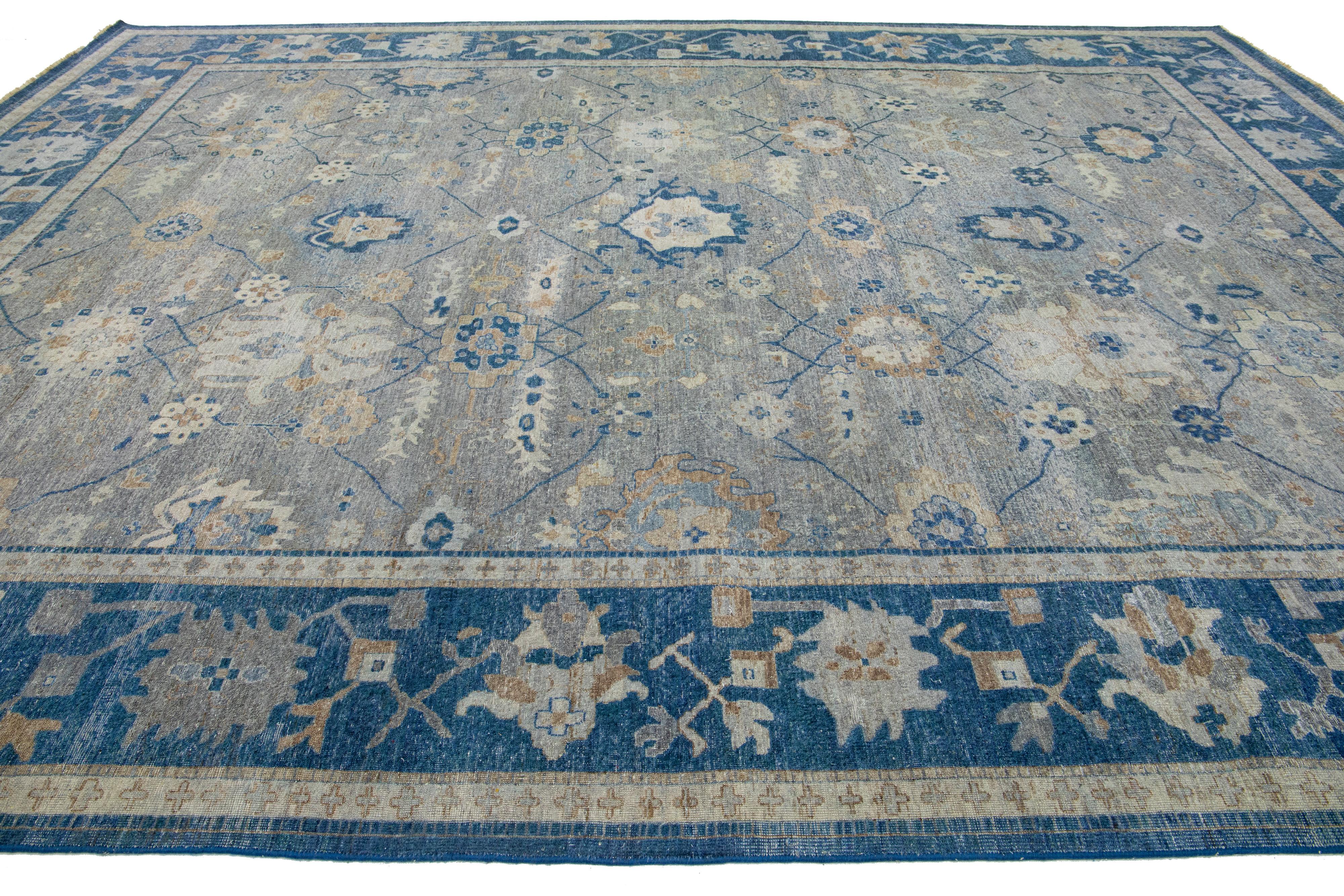 Hand-Knotted Blue And Gray Indian Mahal Wool Rug Handmade by Apadana For Sale