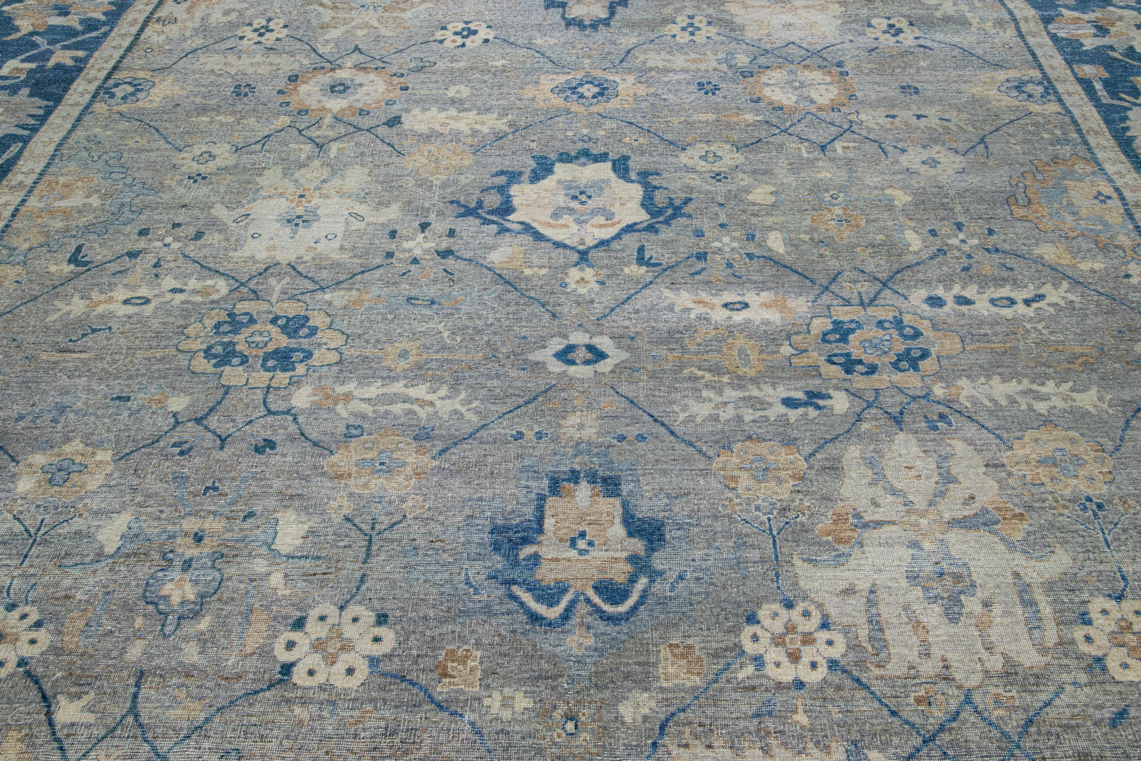 Contemporary Blue And Gray Indian Mahal Wool Rug Handmade by Apadana For Sale