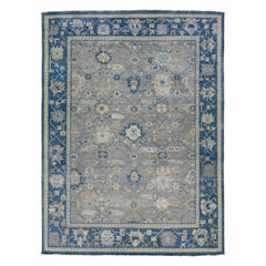 Indischer Mahal-Wollteppich in Blau und Grau, handgefertigt von Apadana