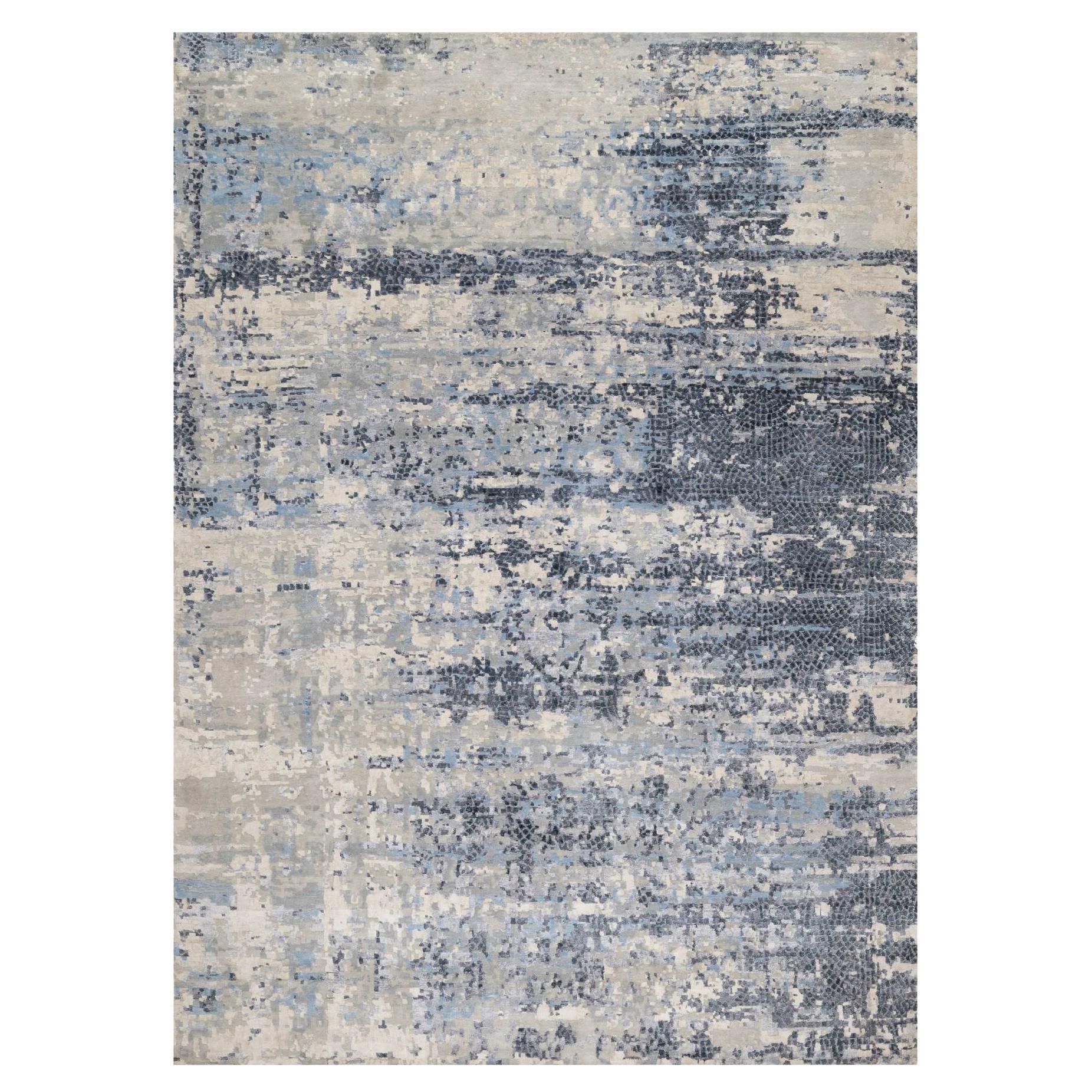 Alfombra oriental anudada a mano de lana y seda con diseño abstracto de mosaico moderno en azul y gris