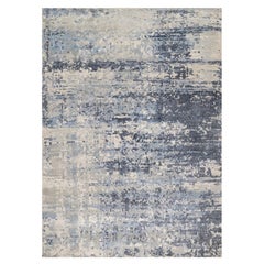 Blue and Gray Modern Abstract Mosaic Design Wool-Silk Hand Knotted Oriental Rug