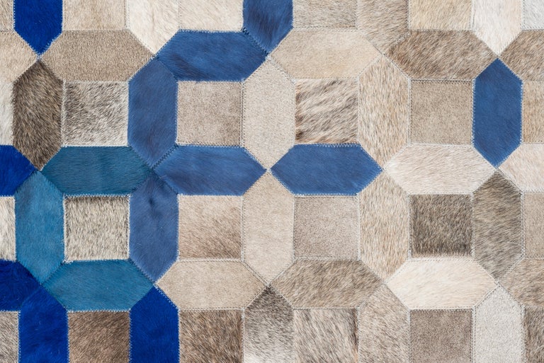 Blue and gray tessellation Trellis Customizable Cowhide Area Floor Rug ...