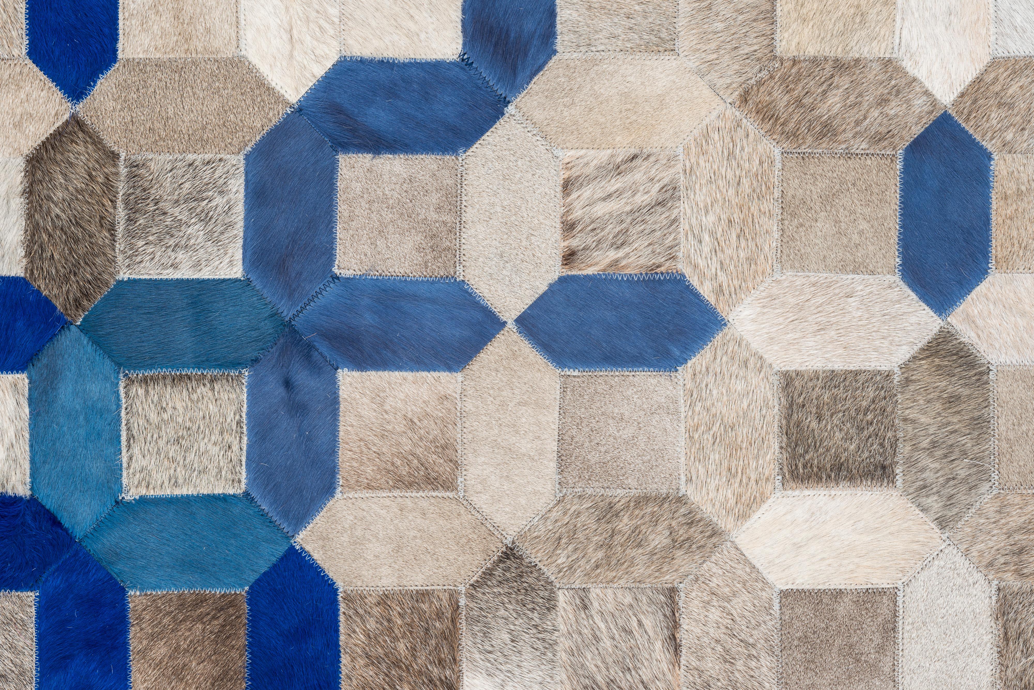 Modern Blue and Gray Tessellation Trellis Customizable Cowhide Area Floor Rug XXLarge For Sale