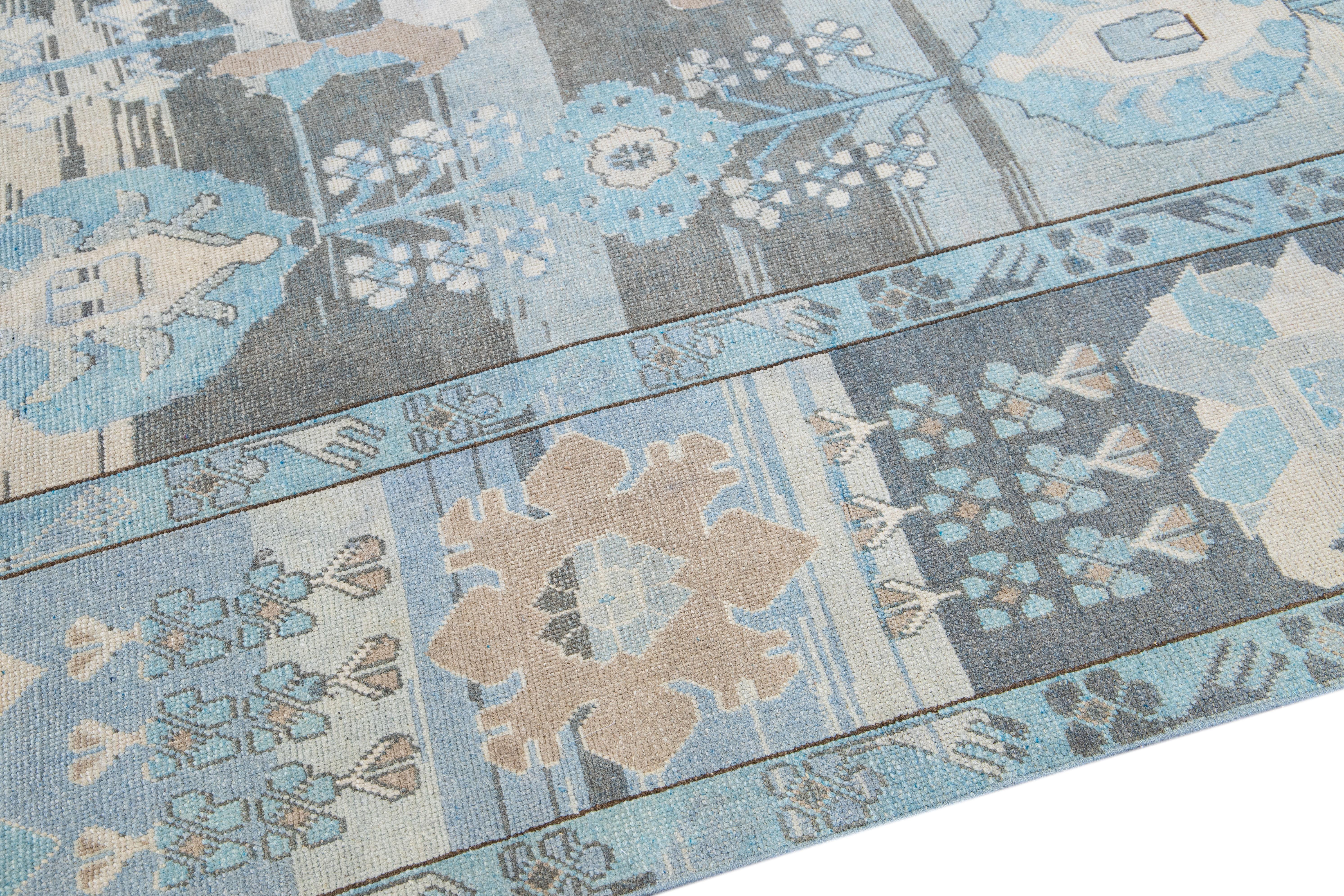 Blue and Gray Vintage Turkish Oushak Handmade Floral Pattern Wool Rug For Sale 5