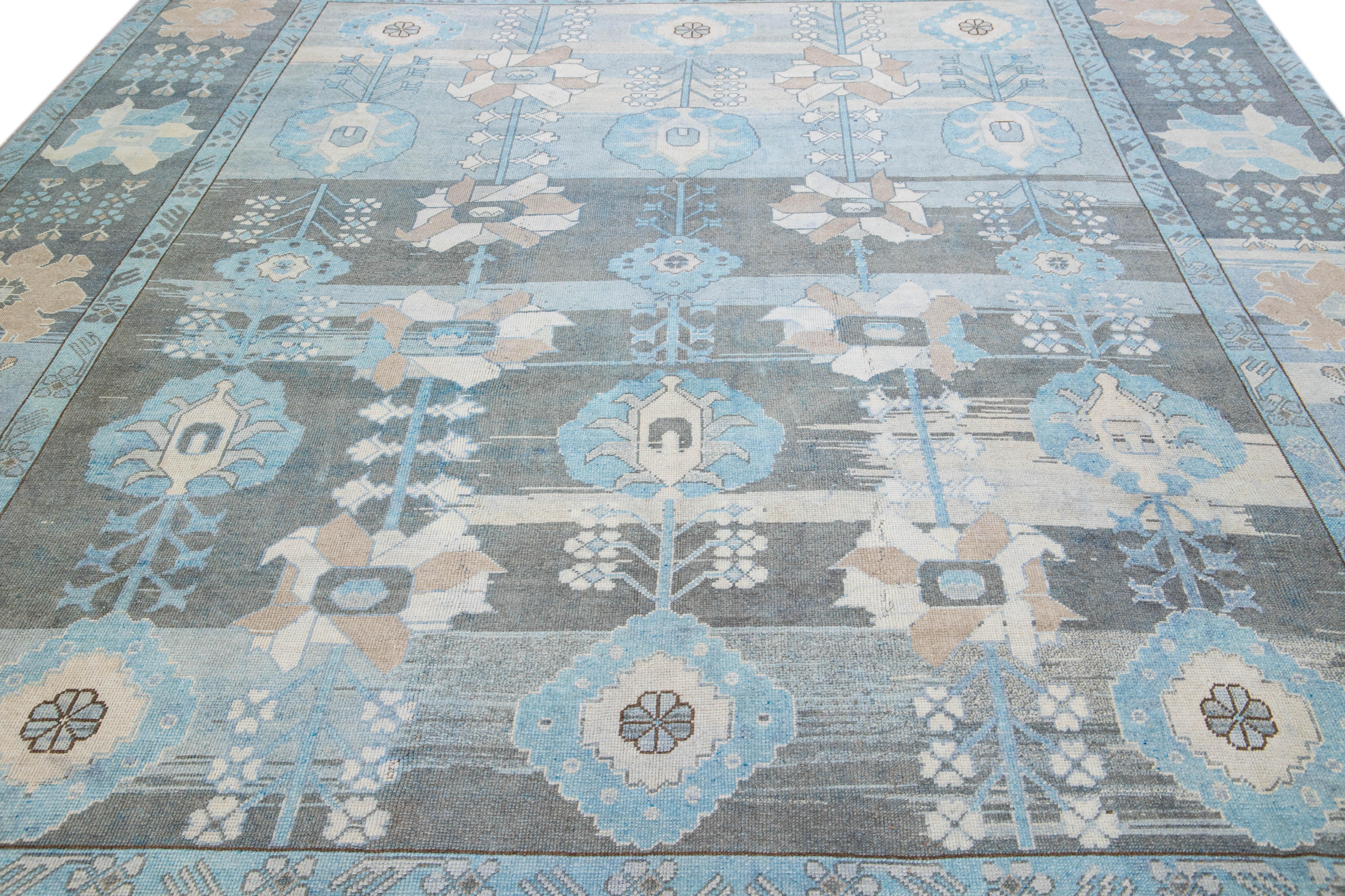 Hand-Knotted Blue and Gray Vintage Turkish Oushak Handmade Floral Pattern Wool Rug For Sale