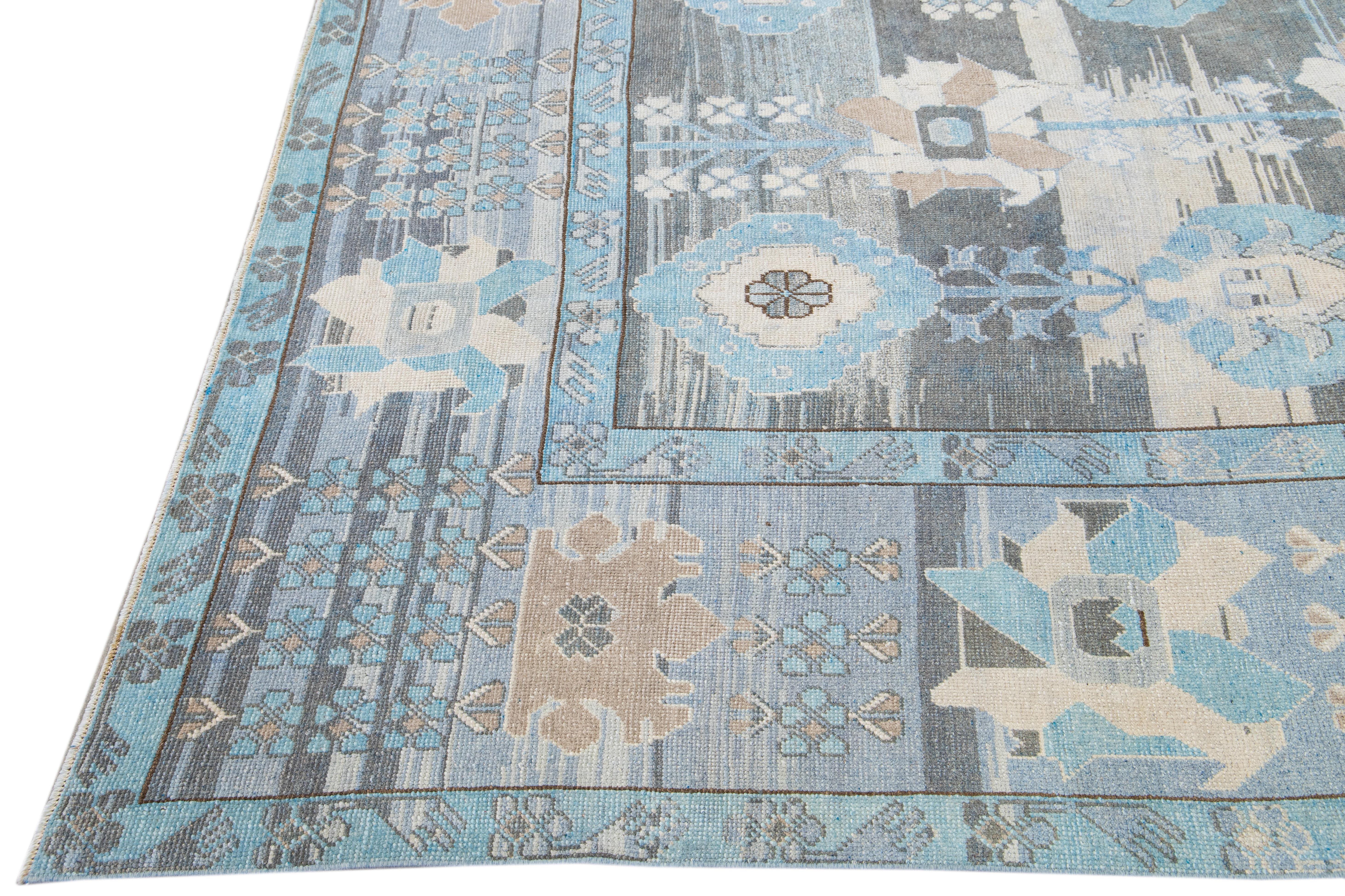 Blue and Gray Vintage Turkish Oushak Handmade Floral Pattern Wool Rug In Excellent Condition For Sale In Norwalk, CT