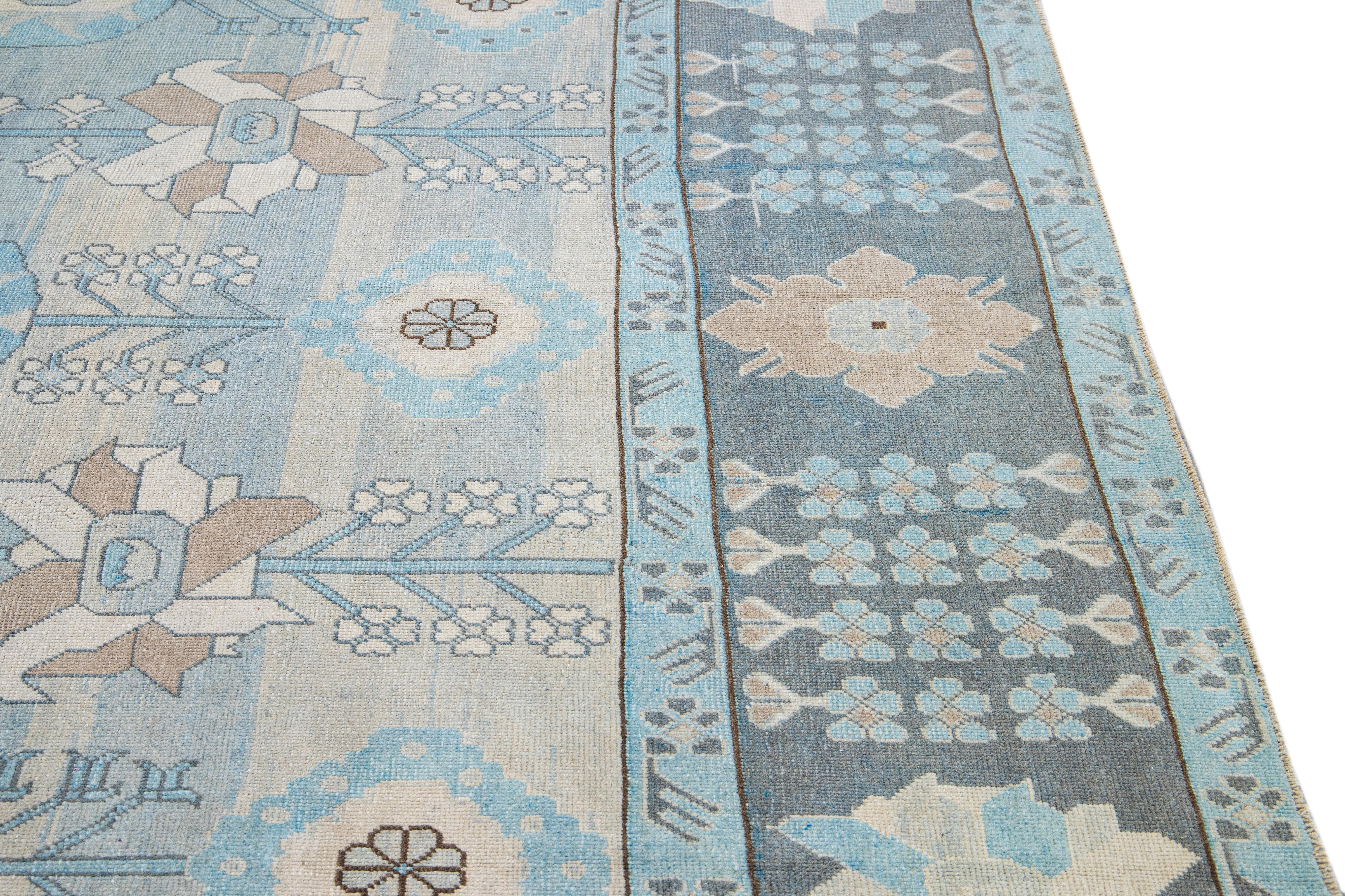 Blue and Gray Vintage Turkish Oushak Handmade Floral Pattern Wool Rug For Sale 4