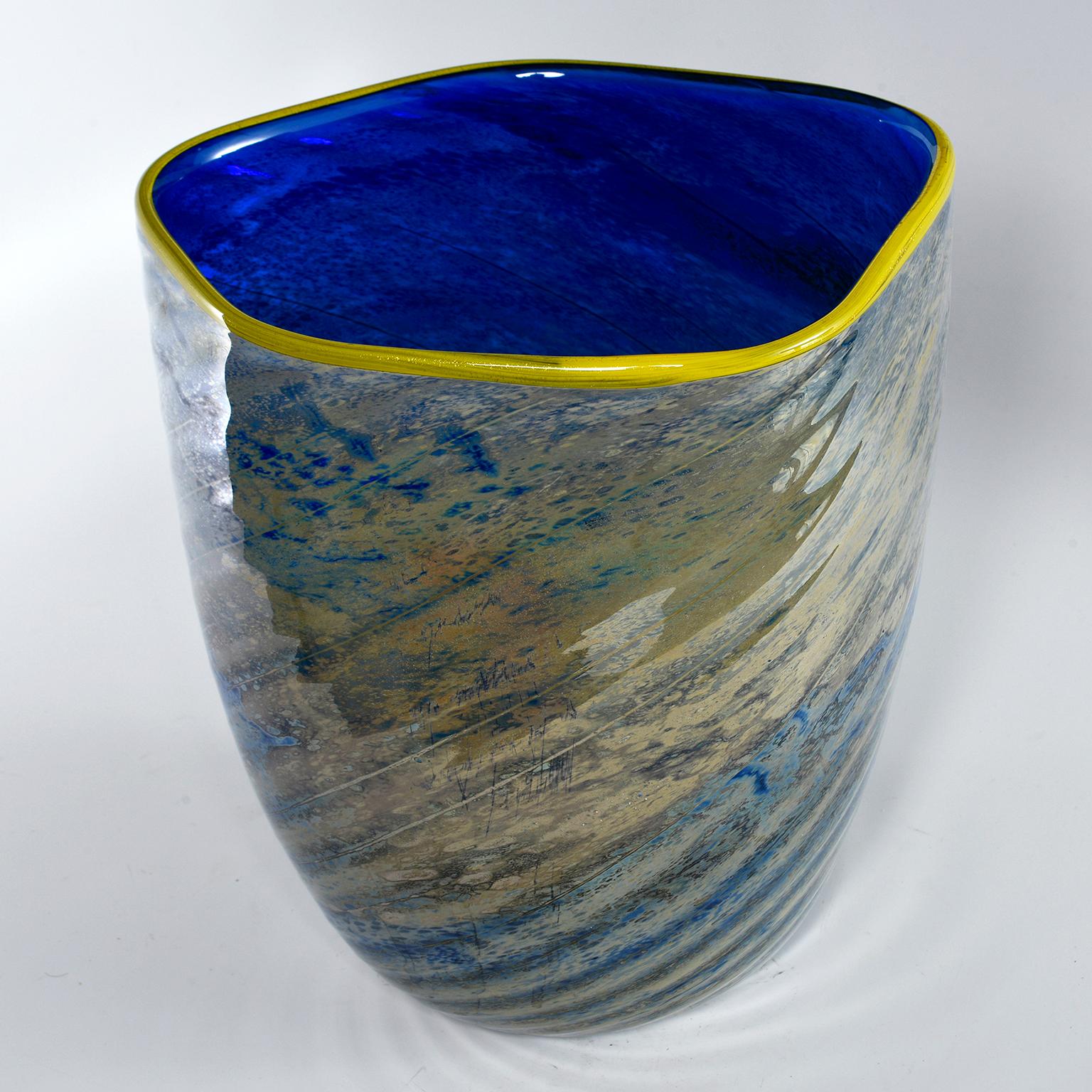Blue and Green Art Glass Vase with Yellow Lip 1