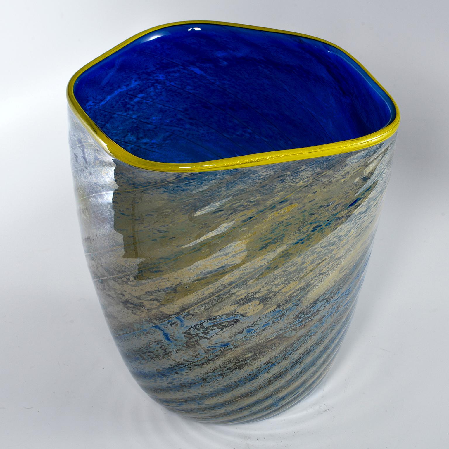 Blue and Green Art Glass Vase with Yellow Lip 2