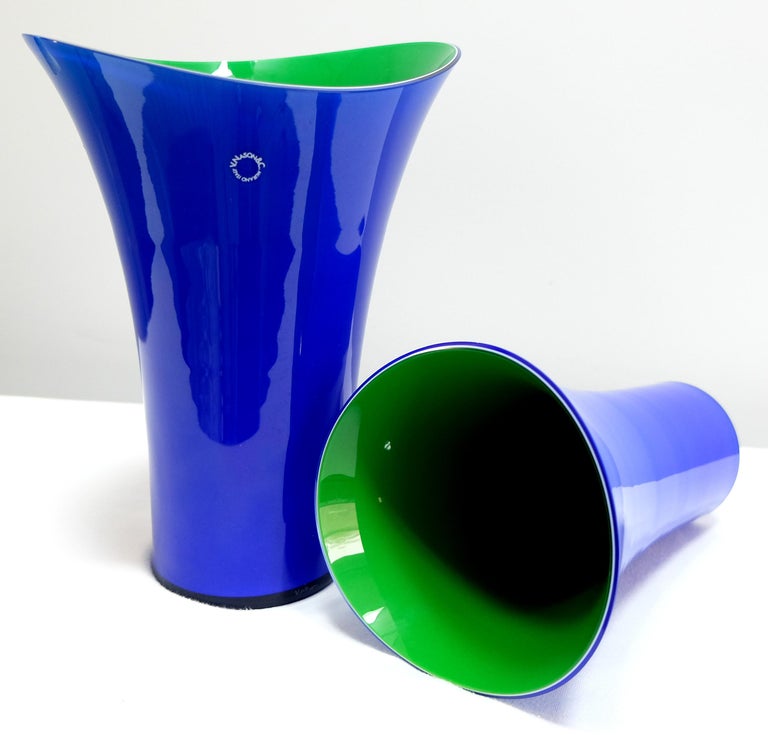 Art Glass Murano Glass Vase Set by V. Nason & C. Italy, Blue and Green Asymmetric Vases For Sale
