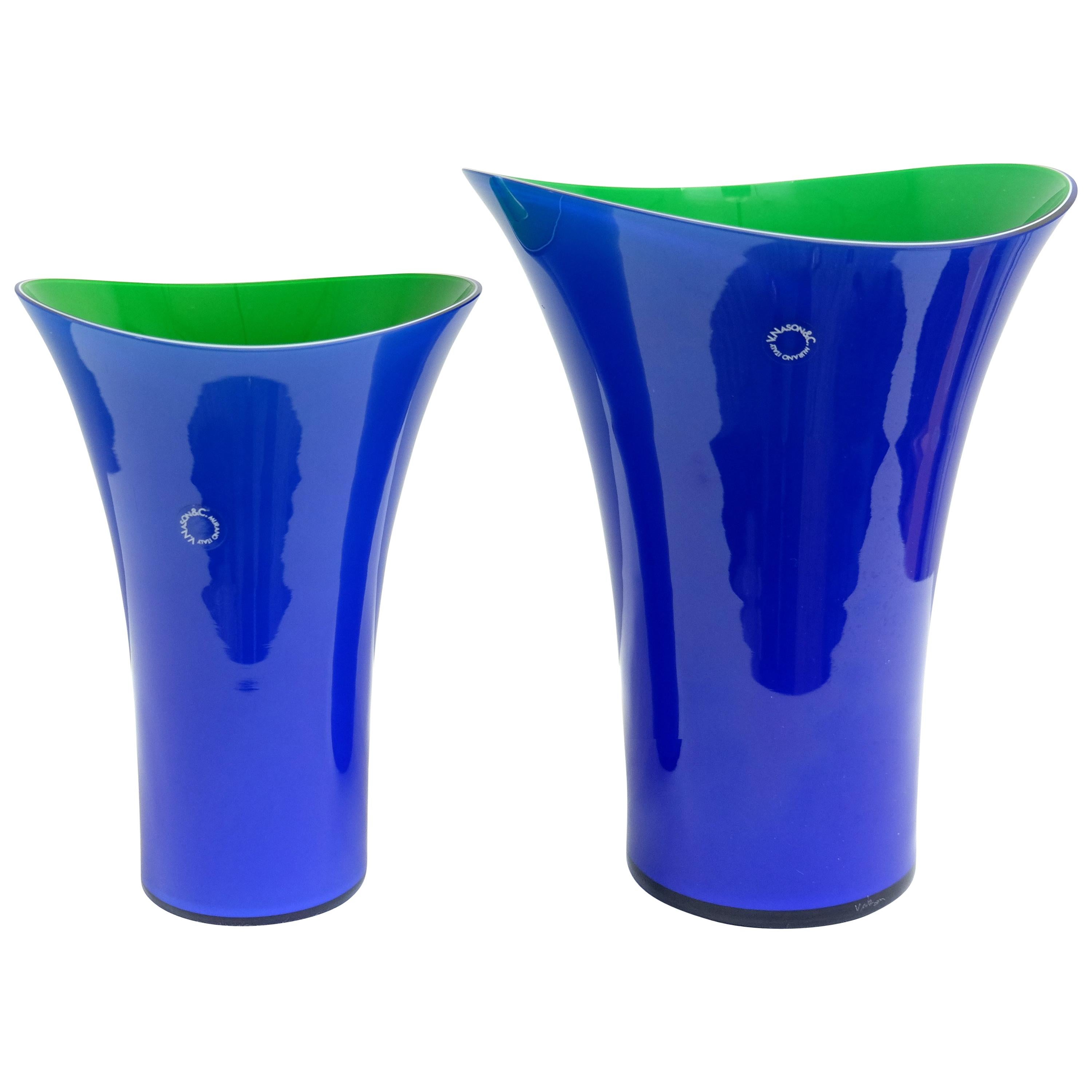 Murano Glass Vase Set by V. Nason & C. Italy, Blue and Green Asymmetric Vases For Sale