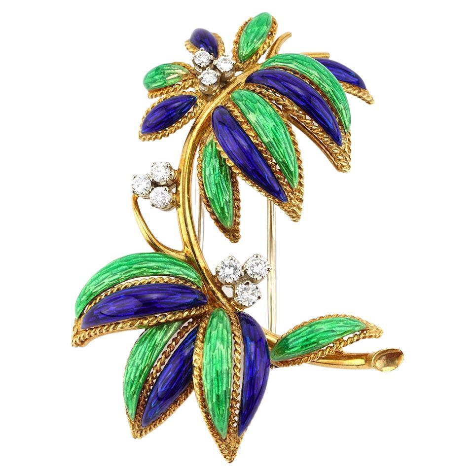 Blue And Green Enamel And Diamond Tree Motif Pin In Yellow Gold For Sale