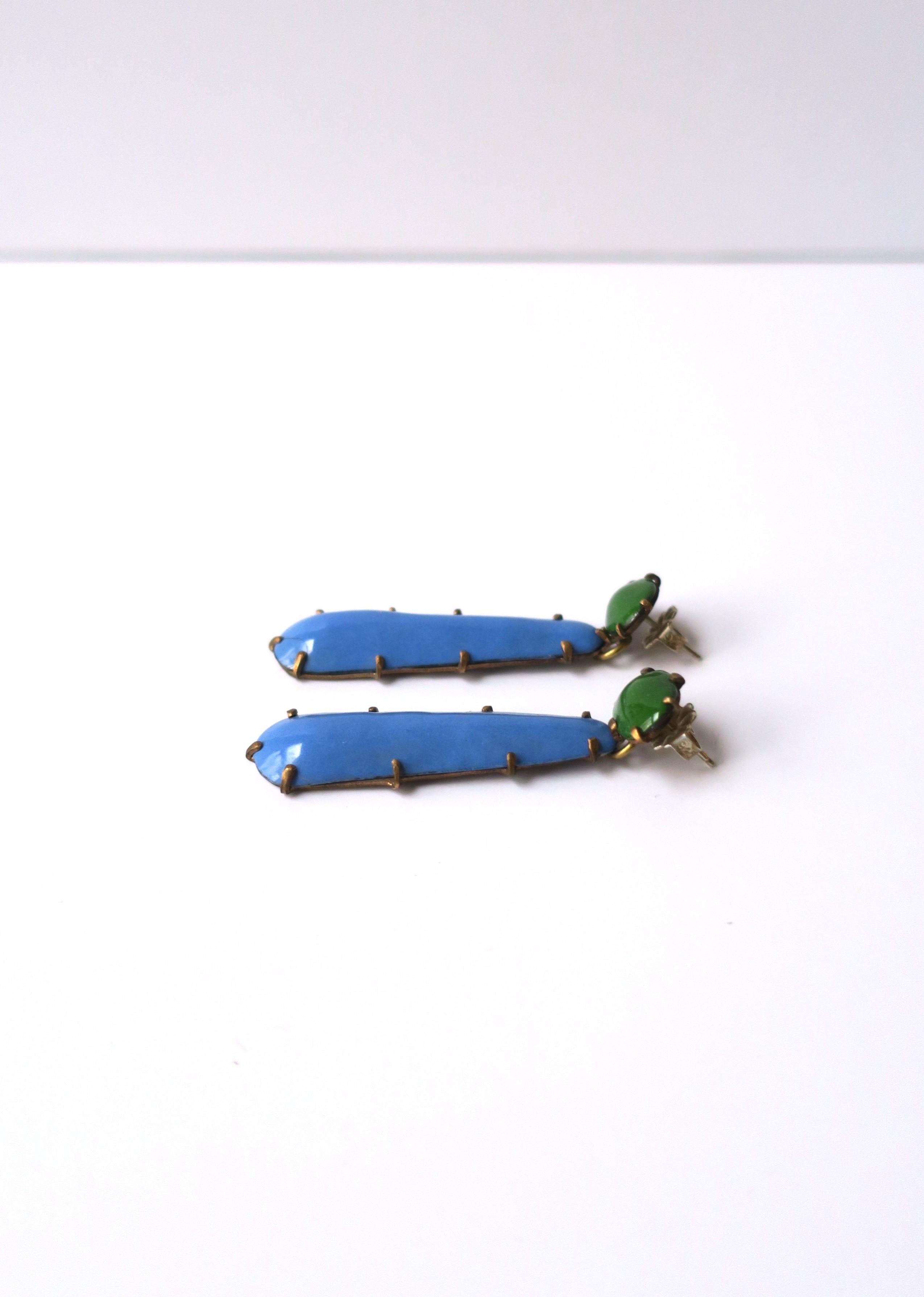 Blue and Green Enamel Dangle Drop Earrings For Sale 5